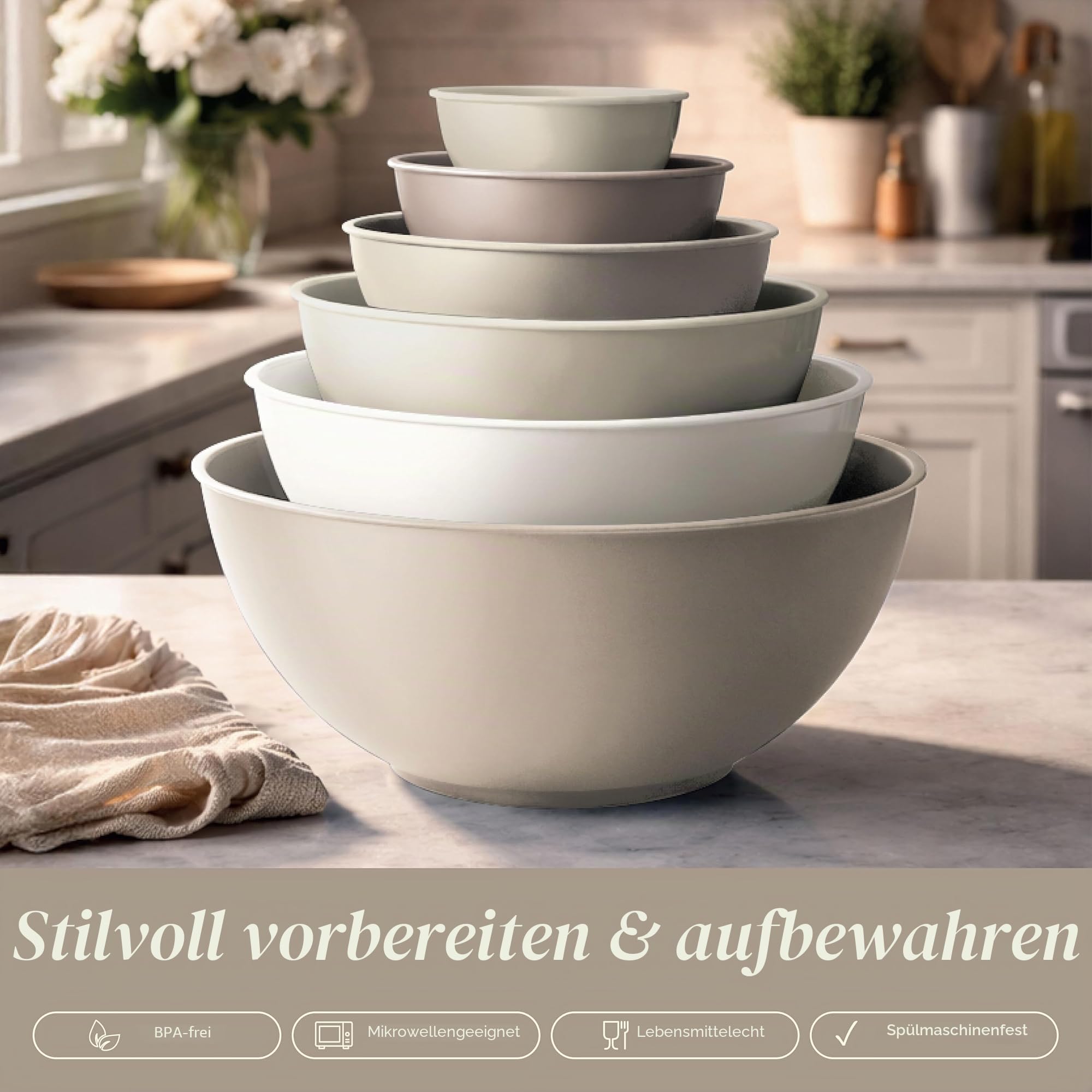 COOK WITH COLOR Rührschüsseln mit TPR-Deckeln – 12-teiliges Kunststoff-Nesting-Schüssel-Set enthält 6 Vorbereitungsschüsseln und 6 Deckel, mikrowellengeeignet (Braun)