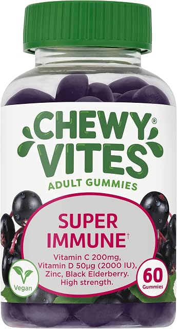 Chewy Vites Adults Super Immune | 60 Gummy Vitamins | Extra-Strength Vitamin D 200 IU | 200mg Vitamin C | 8 mg Zinc | Elderberry | Real Fruit Juice | Vegan