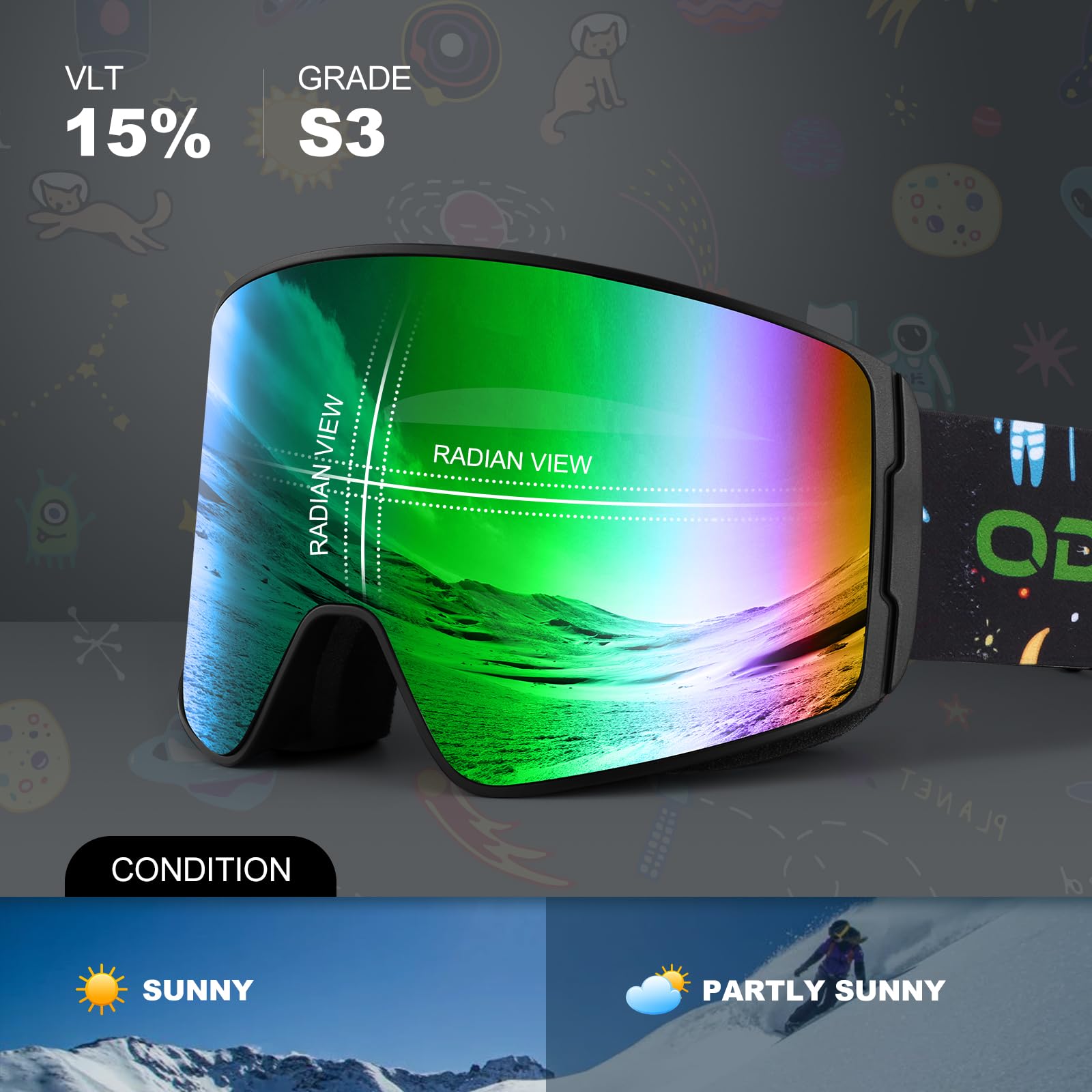 Odoland Occhiali da Sci per Bambini, Occhiali da Snowboard Cilindrici, Anti-appannamento, Anti-UV, Antivento a Vista Larga per Ragazzi e Ragazze, compatibili con Casco
