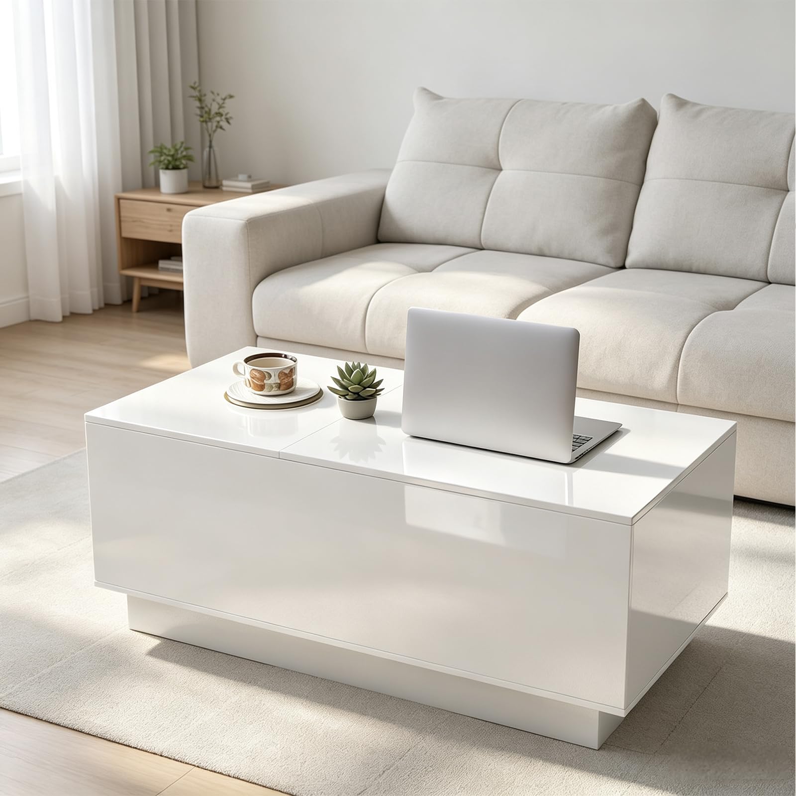 Couchtisch Höhenverstellbar, Wohnzimmertisch Hochglanz mit Verstecktem Stauraum und Schubladen Modern, Couchtisch Hochglanz mit Hebeplatte, 100 x 50 x 40 cm, Weiß