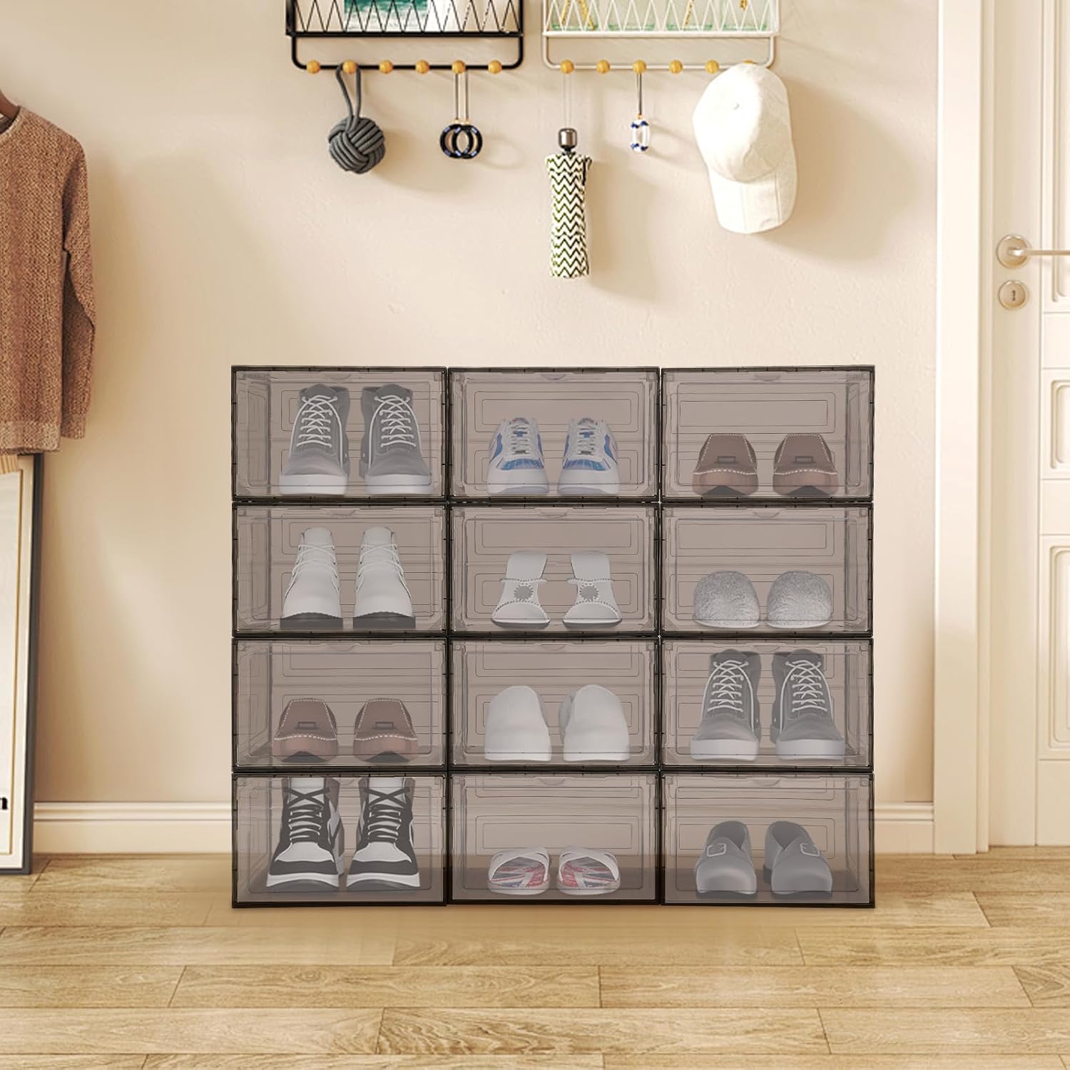 12 Pack Shoe Box,Drop Front Shoe Box,Clear Plastic Stackable Sneaker Box,Shoe Containers,Acrylic Shoe Display Case,Sneaker Storage for Closets, Bedrooms, Bathrooms Black Brown