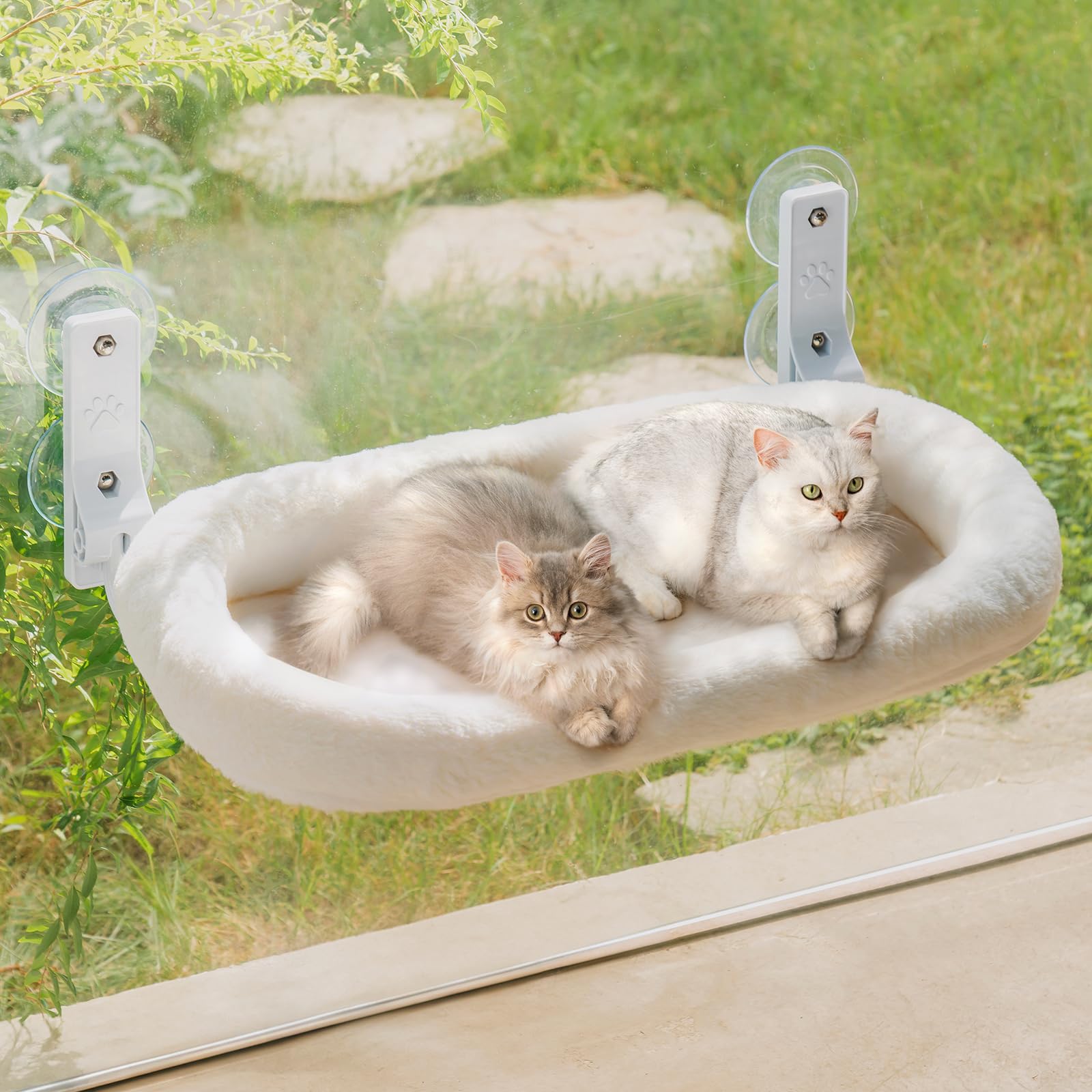 MEWOOFUN Großes Katzen Hängematte für Fenster mit Abnehmbarem Dickem Bezug - Stabil mit 4 Starken Saugnäpfen, hält 18kg (Weiß, L)