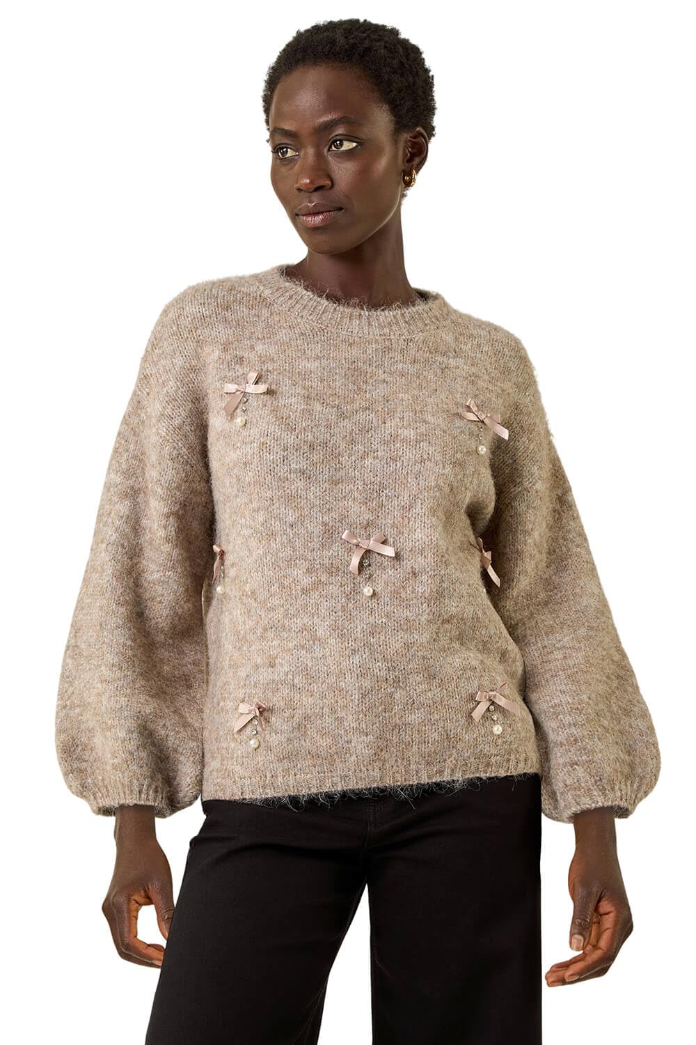 Roman Originals Faux Pearl Bow Embellished Knit Jumper for Women UK - Ladies Everyday Autumn Winter Round Neckline Comfy Soft Evening Vacation Work Party Night Out - Mocha - Size ML