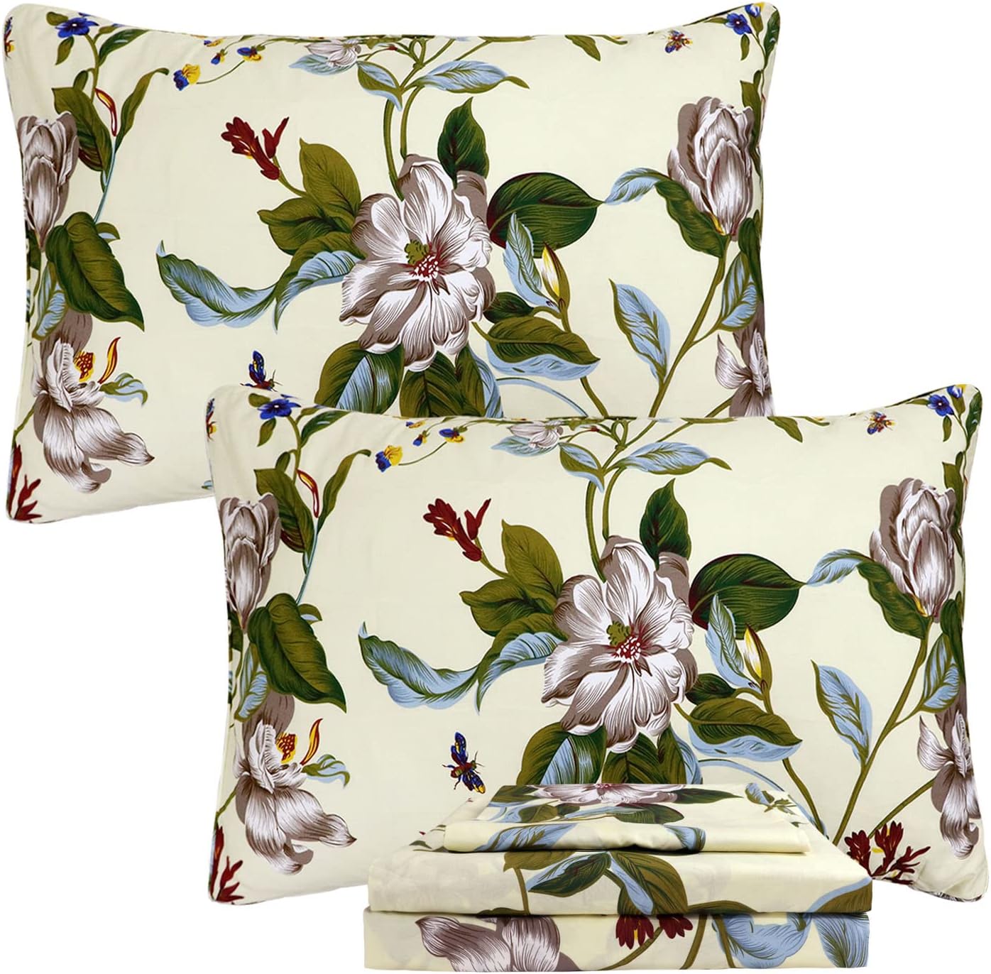 FADFAY 7 Piece California King Floral Bedding Set 100% Cotton Duvet Cover Green Beige Soft Breathable Completed Bedding Hypoallergenic Botanical Vintage Sheets Deep Pocket Bed Sheets, 17.5 inches