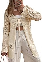 SHEWIN Crochet Cardigans for Women Long Sleeve Tie Front Bow Cardigan Sweaters Hollow Out Knit Summer Beach Vacation Coverups