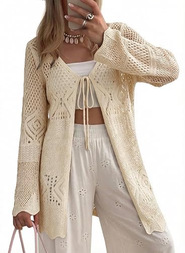 SHEWIN Crochet Cardigans for Women Long Sleeve Tie Front Bow Cardigan Sweaters Hollow Out Knit Summer Beach Vacation Coverups