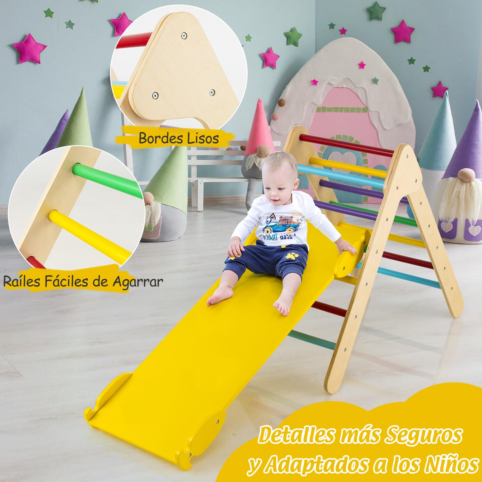 GOPLUS Triángulo de Escalada con Rampa Reversible, Juguete de Escalada para Niños de Madera 2 en 1, Juguete para Escalar y Deslizarse, Parque Infantil para Guardería, Carga 50 KG (Multicolor)