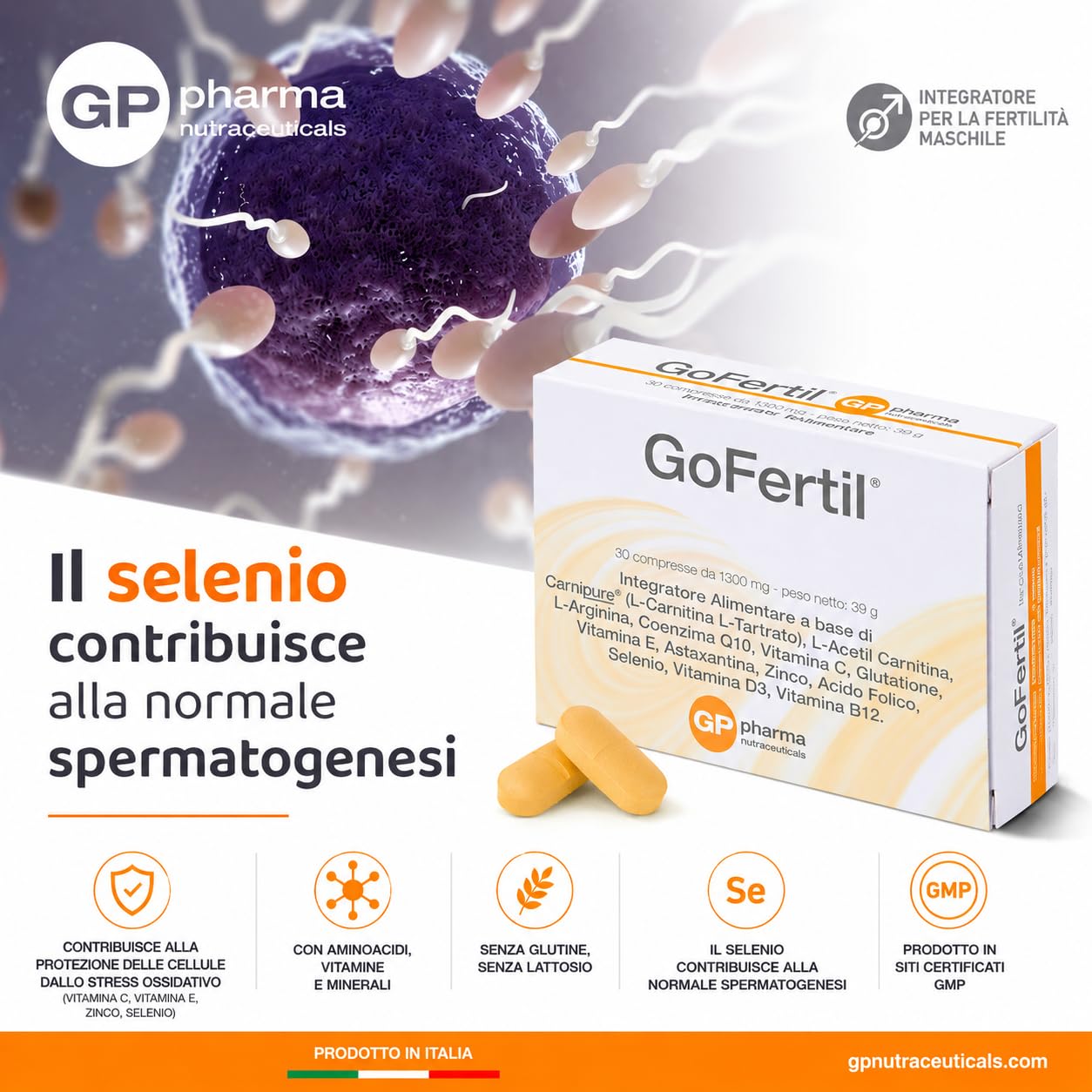 GoFertil® GP Nutraceuticals Integratore Fertilità Maschile, L-Carnitina Carnipure®, Arginina, Coenzima Q10, Zinco, Selenio, Glutatione, Astaxantina, Vitamine C E D3 B12, potenzia la fertilità