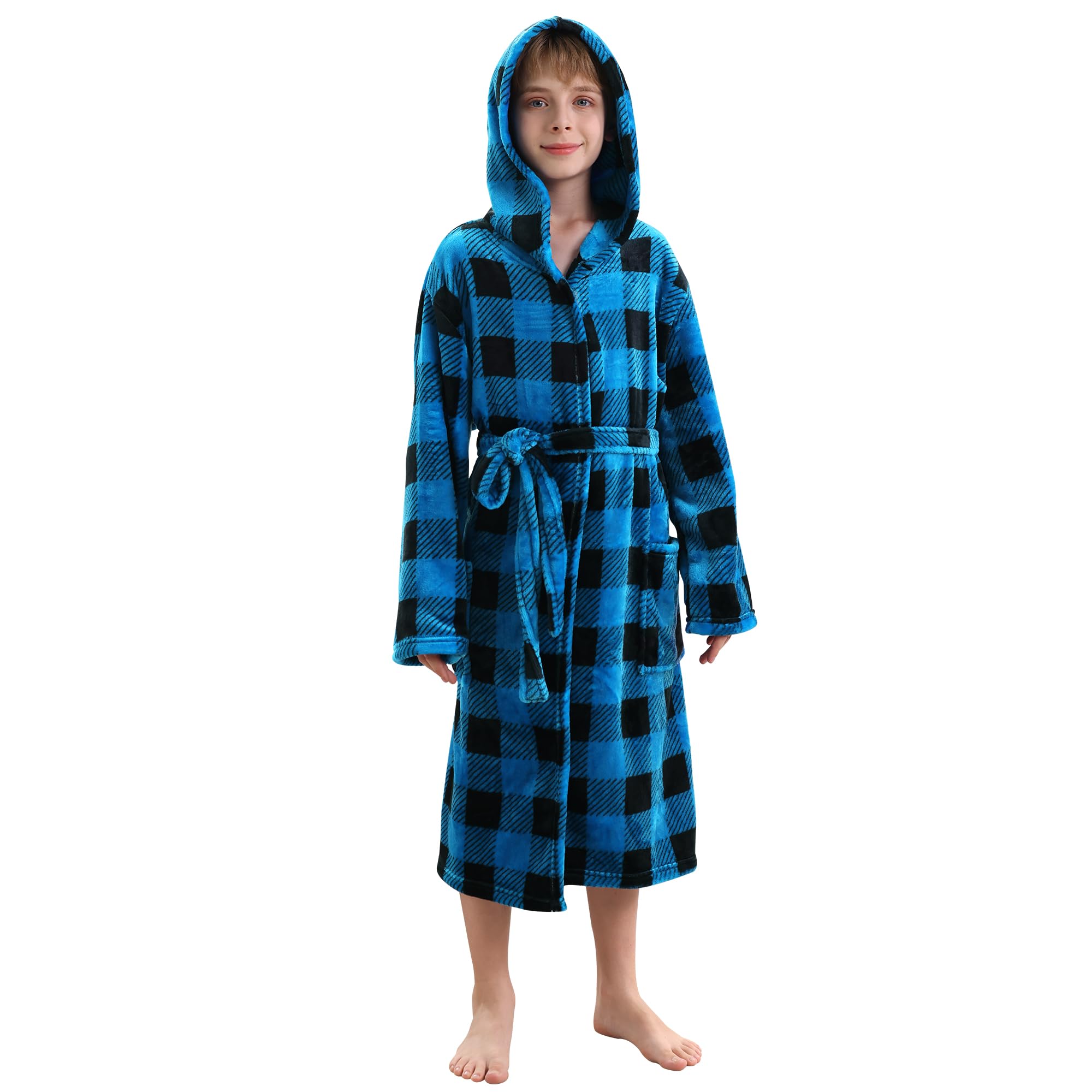 V.&amp;GRIN Boys Fleece Robe, Hooded Soft Fuzzy Bathrobe for Kids 5-14 Years