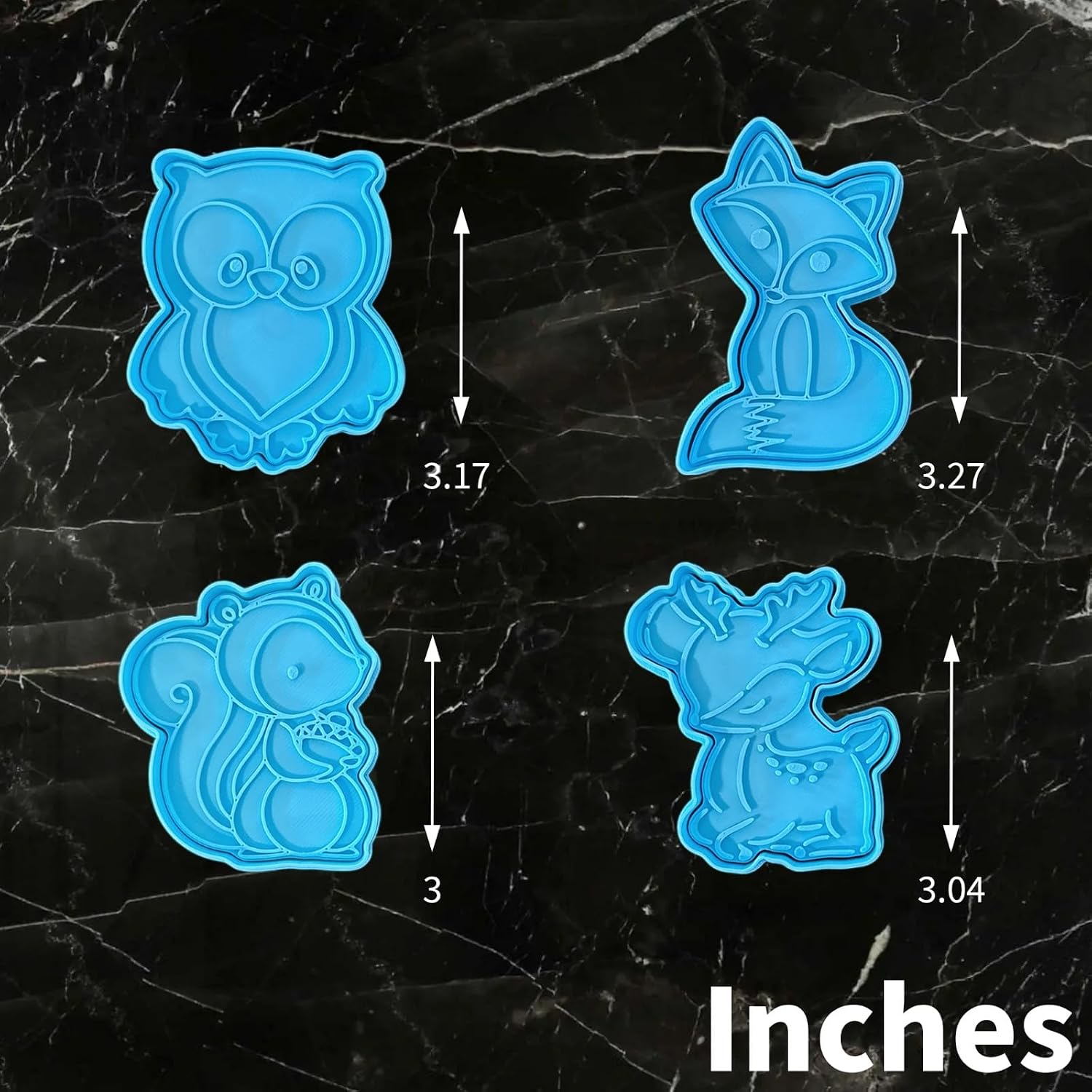 Woodland Animal Cookie Cutters Set of 4 - Animal Shaped Cookie Stamps & Cutters, Easy to Use Shaper - For Baking & Kitchen, Food Grade Material - Deer, Fox, Owl, & Squirrel - Baby Blue