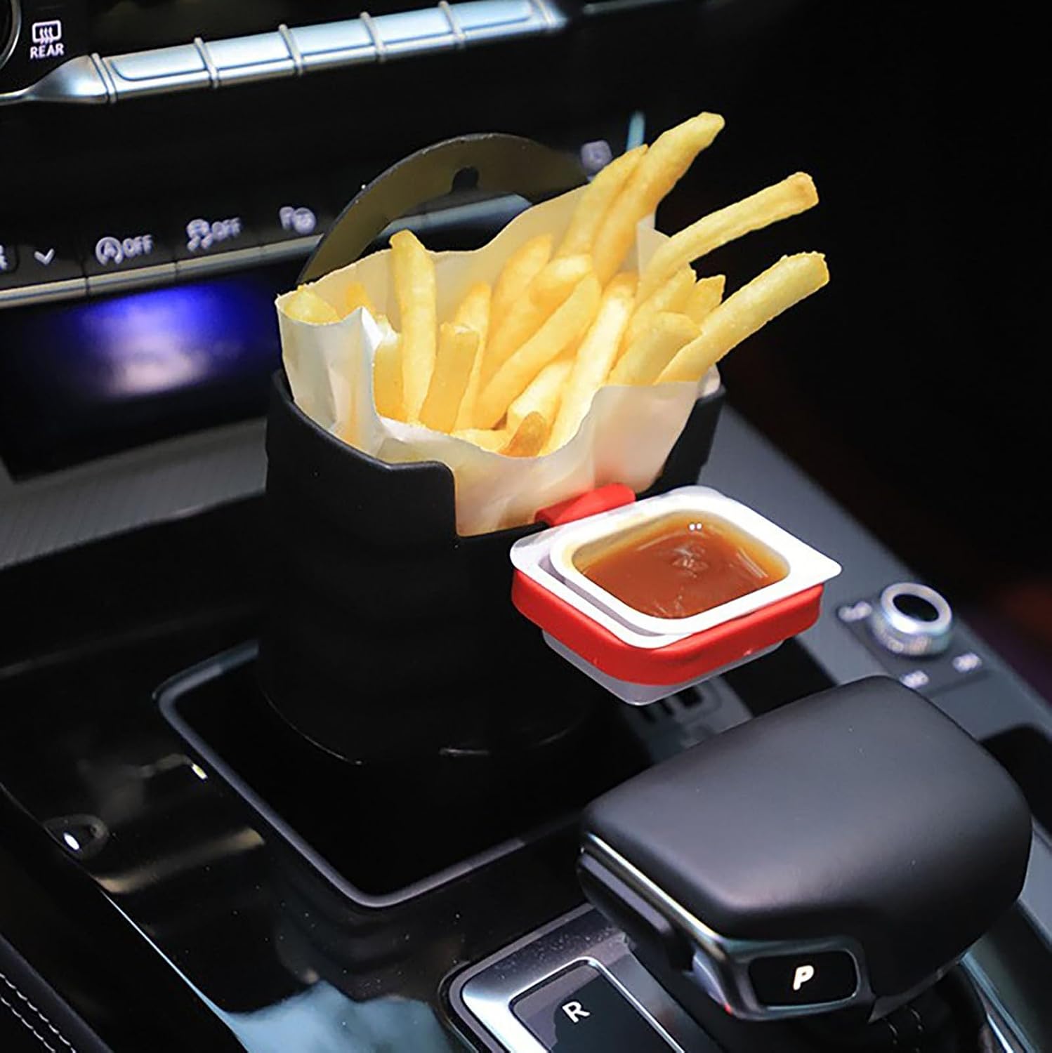 French Fry Holder and Sauce Holder Set for Car, Portable Multi-Purpose Car Cup Expander for Most Cars, Funny Novelty White Elephant Gift or Stocking Stuffer for Men and Women (Black)