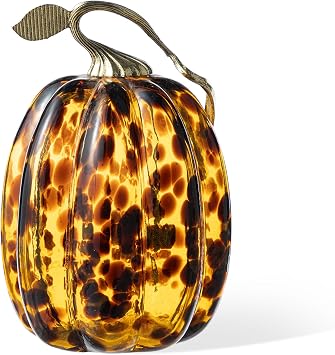Glitzhome Hand Blown Glass Pumpkin, 7.75" H Amber Dots Glass Pumpkin for Fall Harvest Halloween Thanksgivin Decorating, Crystal Art Pumpkins Collectible Figurines Tabletop Home Decor