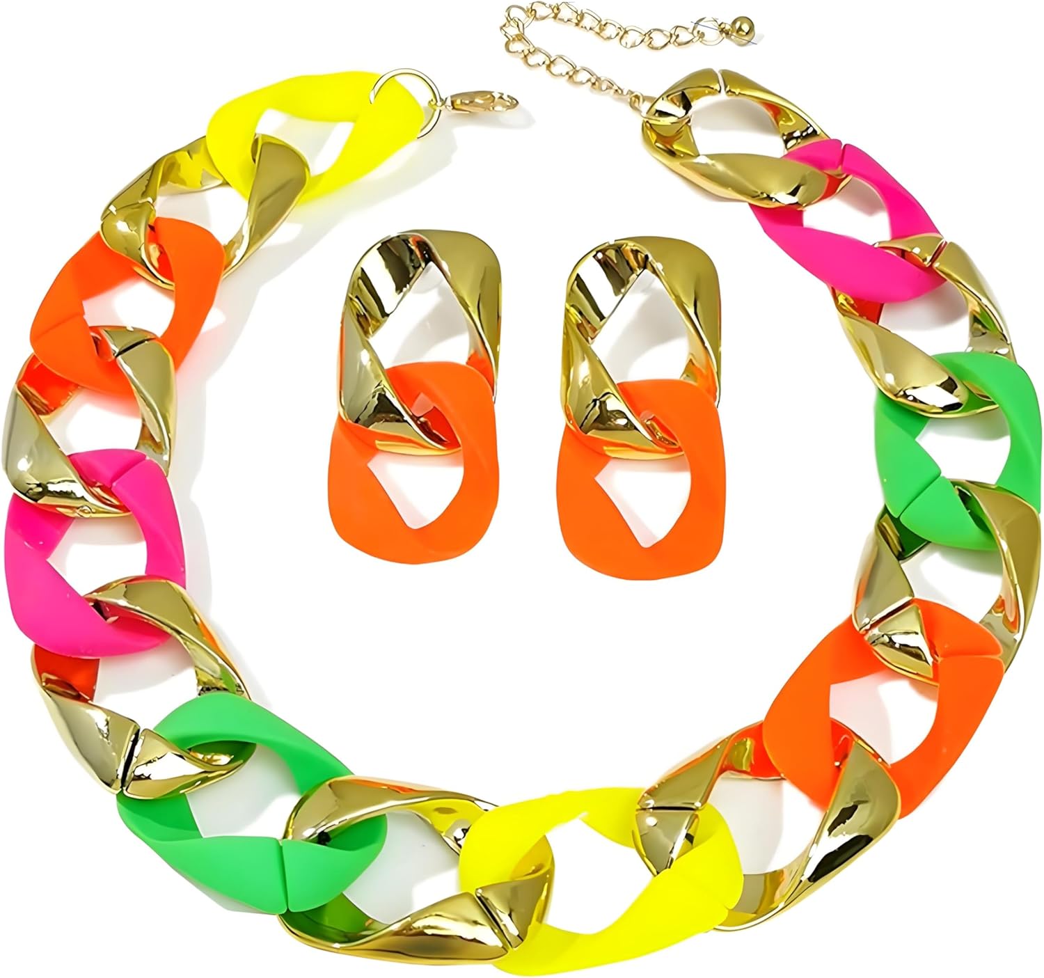 WCRAZYE Boho Chunky Necklace Earrings Set for Women Colourful Acrylic Chunky Statement Cuban Link Chain Collar Necklace Retro Neon 80s Jewelry