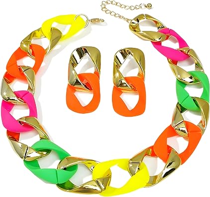 WCRAZYE Boho Chunky Necklace Earrings Set for Women Colourful Acrylic Chunky Statement Cuban Link Chain Collar Necklace Retro Neon 80s Jewelry