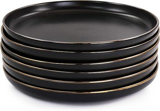 Elama Paul 6 Piece Stoneware Dinner Plate Set in Matt Black with Gold Rim