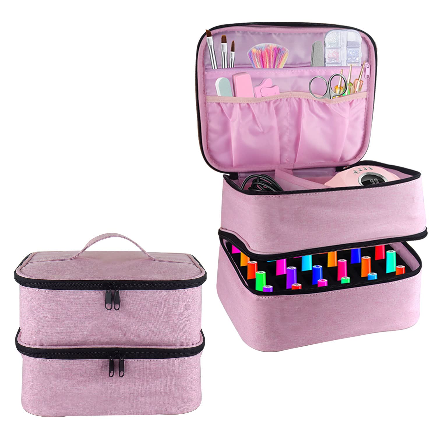 Boczif Nail Polish Carrying Case, Double-Layer Nail Polish Storage Bag- Fits Nail Dryer Lamp and 30 Bottles(15ml/0.5 fl.oz), Nail Polish Organizer bag with Adjustable Dividers for Manicure Set (Pink)