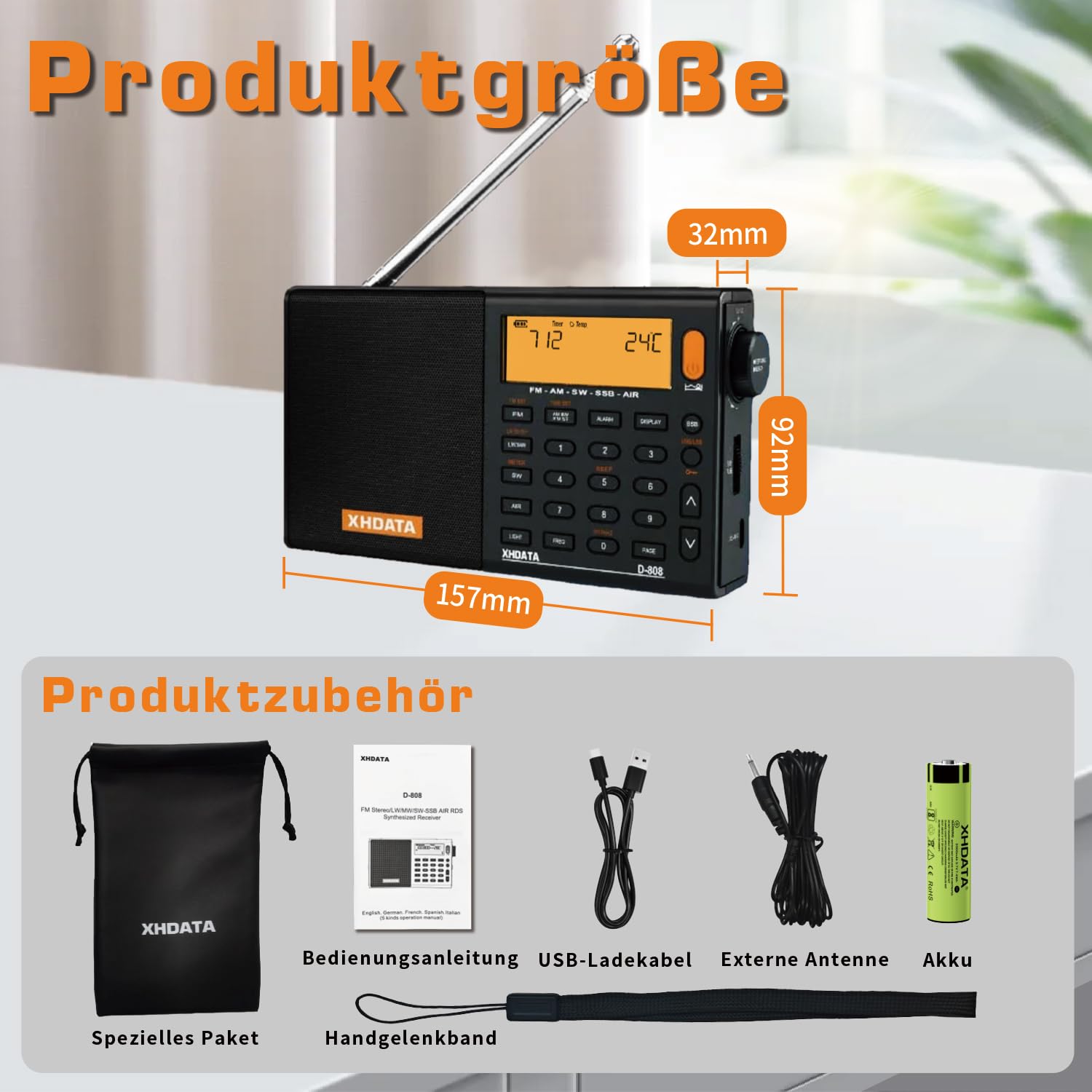 XHDATA D808 Tragbares Digitales Radio, Weltempfänger Radio, Kurzwellenempfänger, UKW-Stereo/KW/MW/LW SSB Air Band Weltempfänger, RDS, Radio batteriebetrieben, mit Externer Antenne (Schwarz)