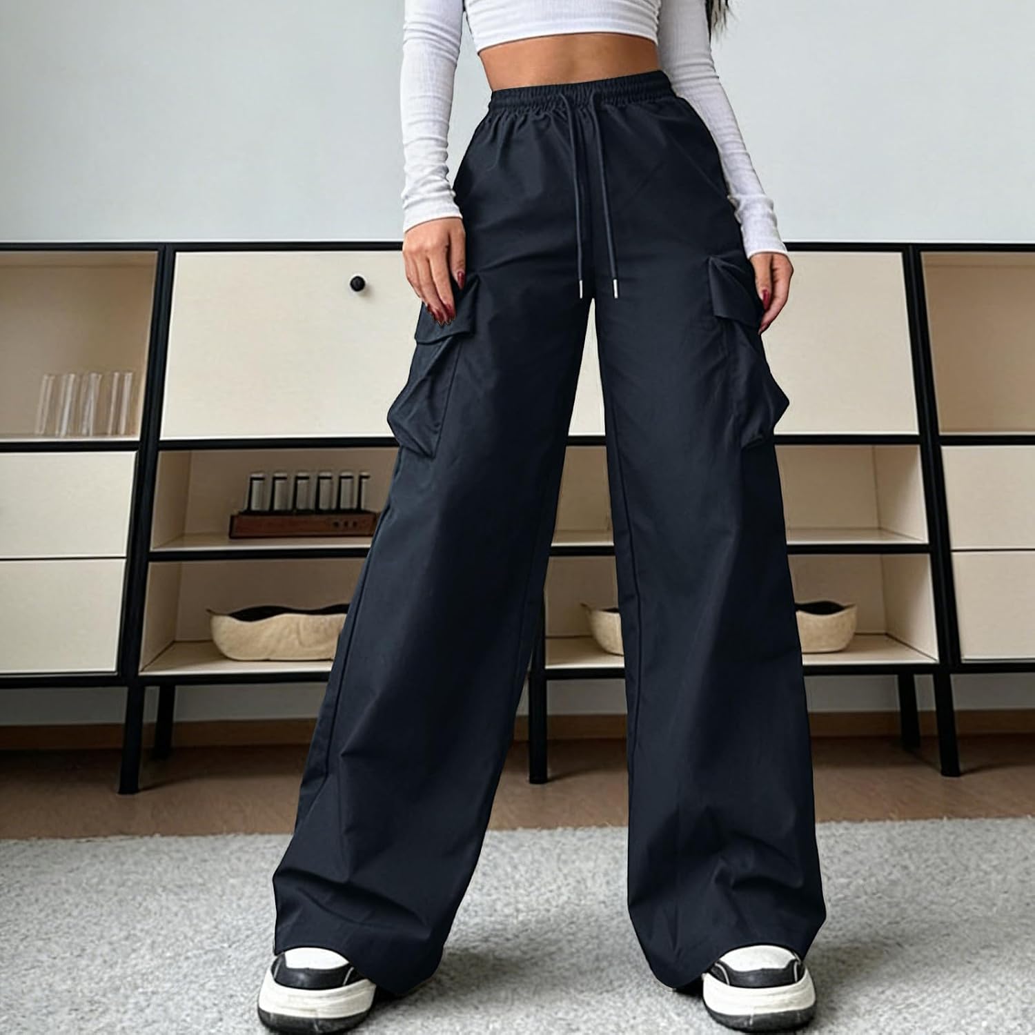 Cargo Pants for Women Drawstring Elastic Waisted Wide Leg Lightweight Loose Fit Casual Baggy Joggers with Pockets
