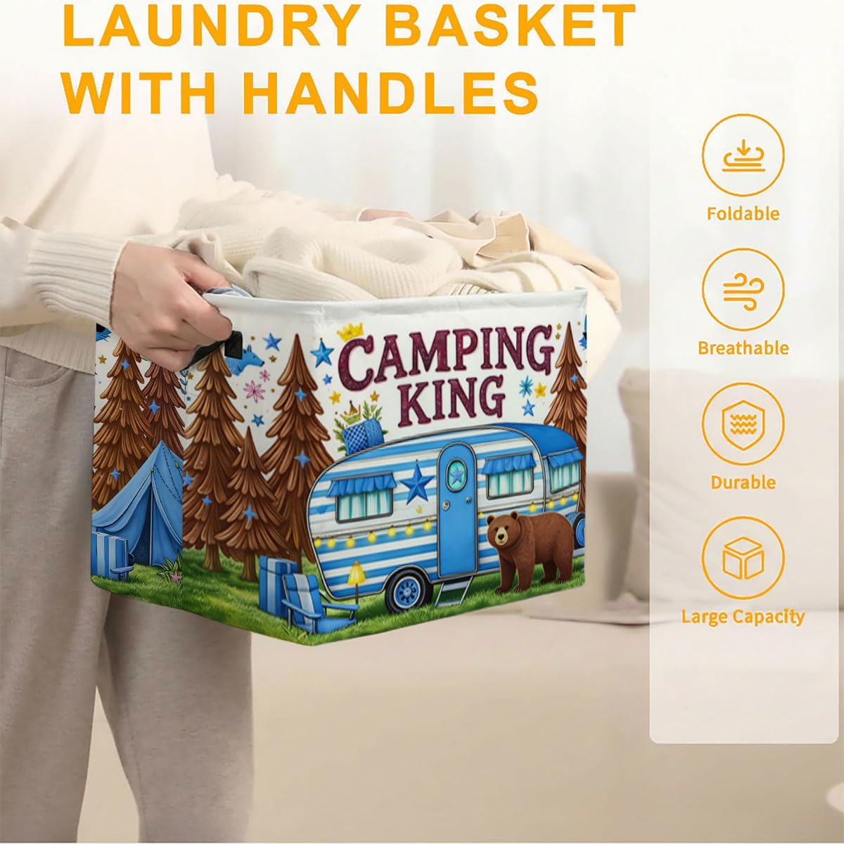 Camping Laundry Hamper 56L Large Laundry Basket with Handles, Foldable Clothes Hamper for Bedroom Bathroom, Decorative Toy Storage Bin, Home Decor Organizer for Blankets, Towels & Toys. image 3