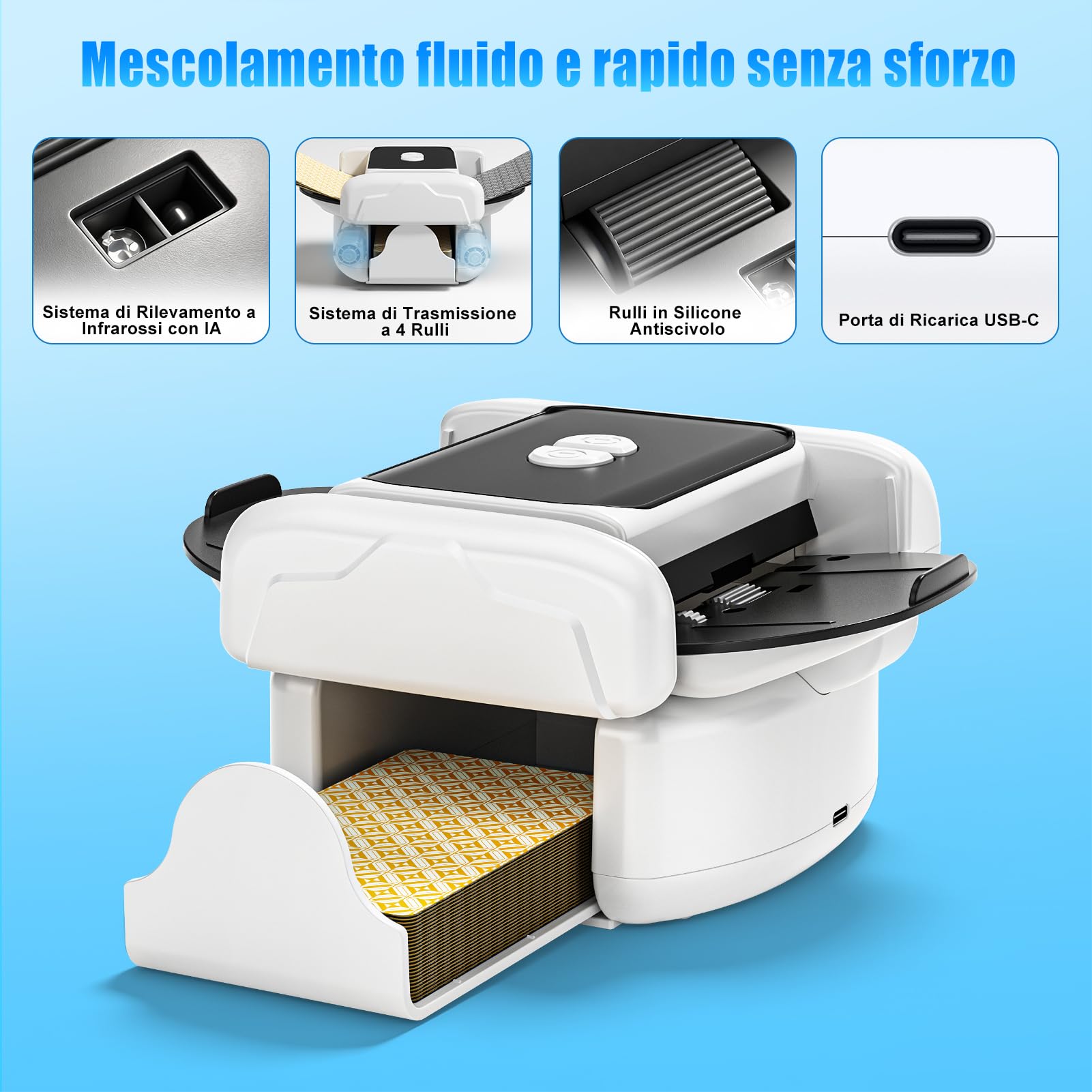 Mescolatore Carte da Gioco Elettrico Automatico per 1-2 Mazzi, con modalità Automatica e Manuale, Custodia Portatile e Basso Rumore per Poker, Blackjack, Texas Hold'em, Phase 10