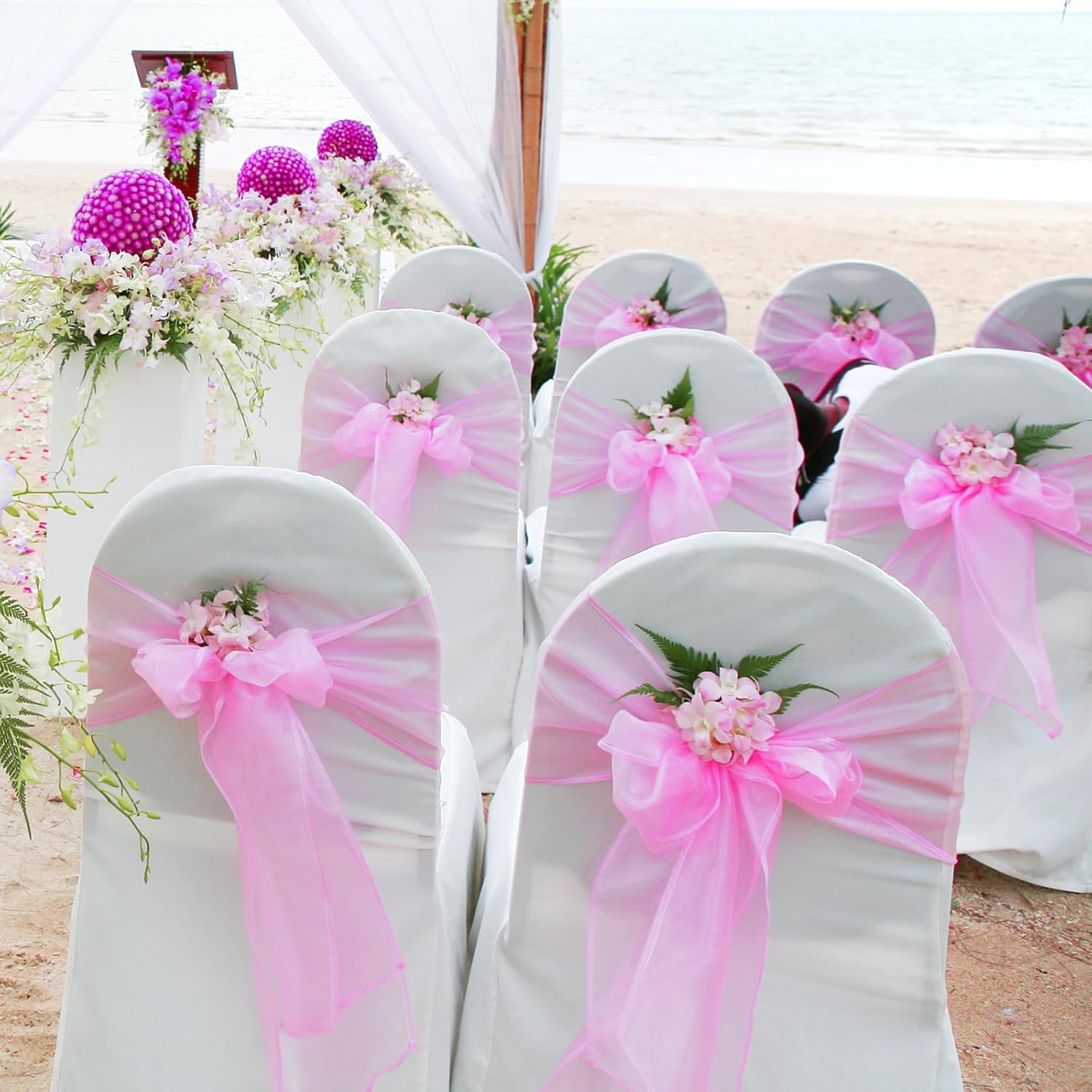 50 Pcs Organza Chair Sashes for Wedding Decoration Banquet Party Event Supplies Chair Bows Ties Cover Bands - Pink