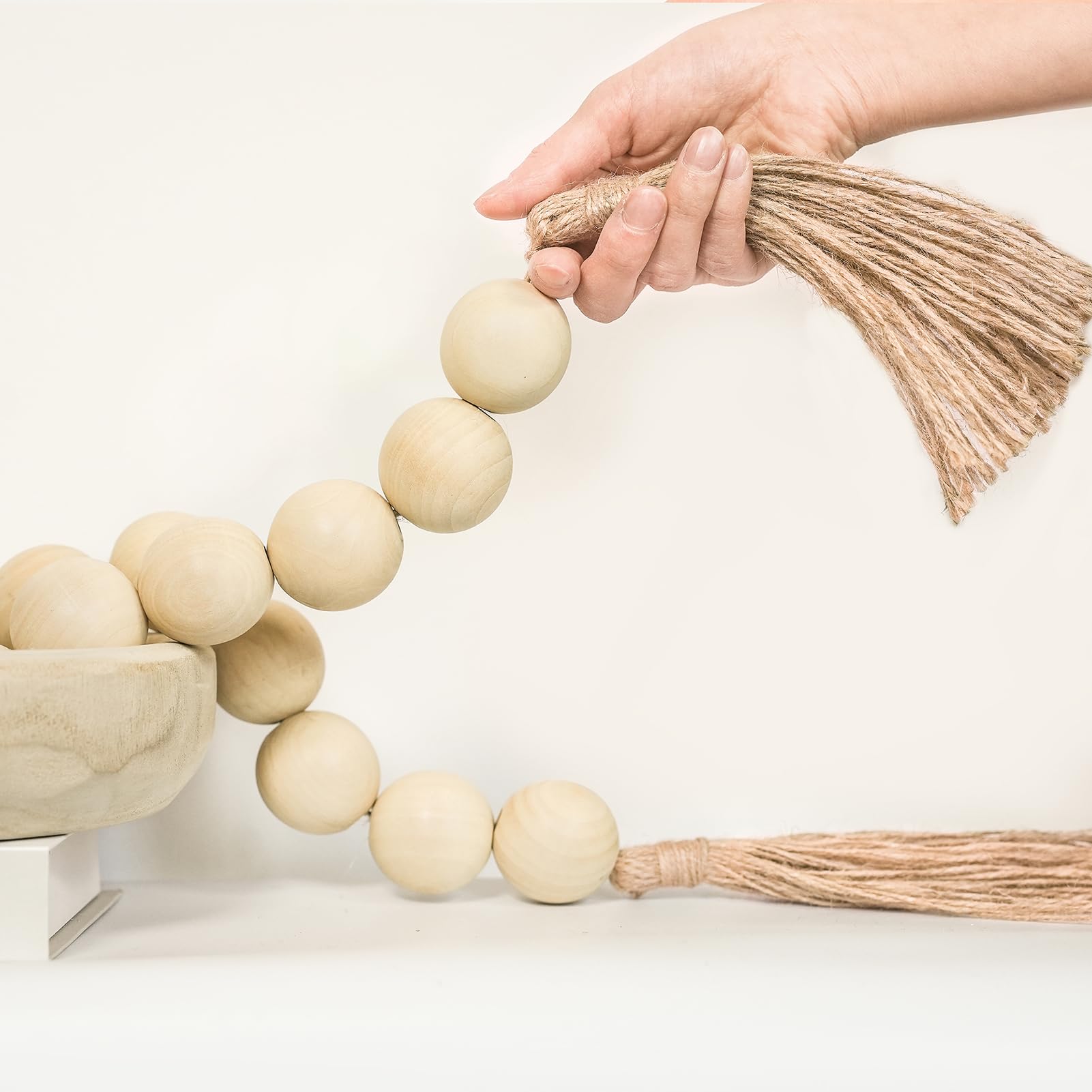 Extra Large Wood Bead Garland with 1.6" Diameter Wooden Beads and Tassels, Decorative Beads Home Decor, Farmhouse Beads Decor (Rustic White, 58 Inches)[Nature Beige,50 Inches]