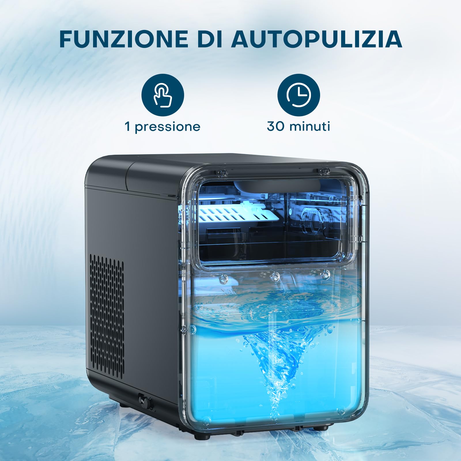 QEXREED Macchina del ghiaccio da banco, 9 cubetti in 6 min, 12 kg/24h, autopulente, macchina ghiaccio casa con paletta e cestello, per cucina, ufficio, camper, aperitivi e serate tra amici