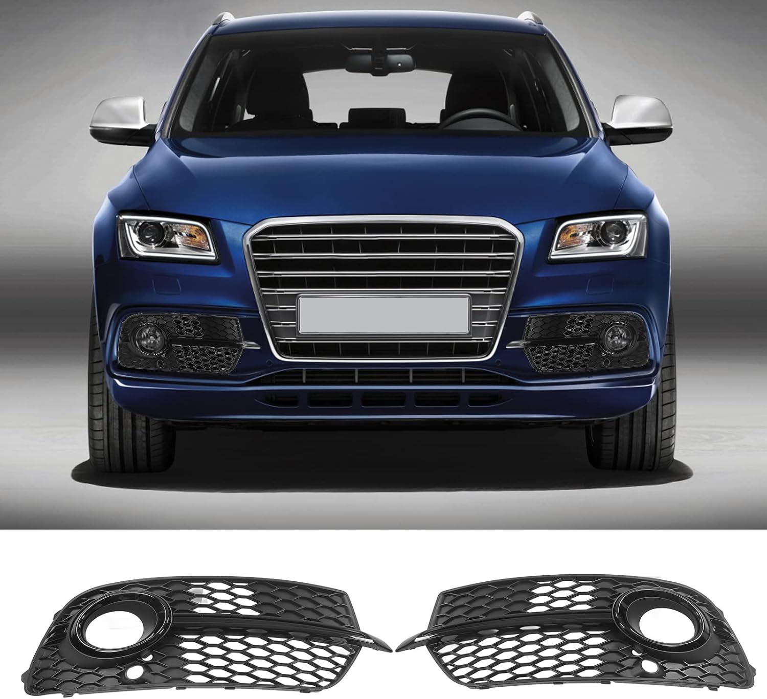 Front Bumper Fog Light Grille, 2 Pcs Gloss Black Front Left Right Bumper Fog Light Lamp Grill Grille Cover Trim Honeycomb Mesh Vent Grille Replacement for Q5 SQ5 2013‑2017