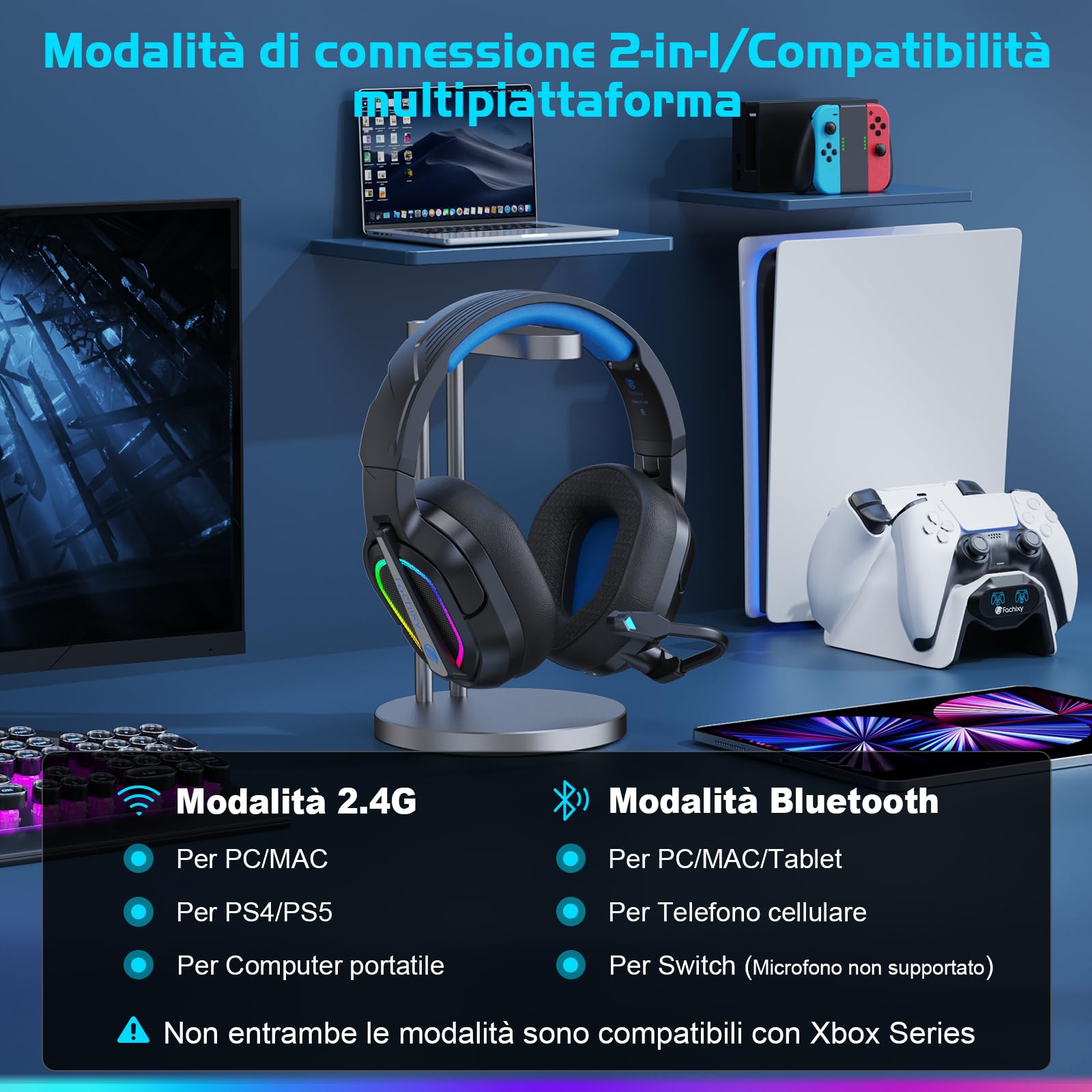 Fachixy FC200「2025 Nuova」Cuffie da gioco senza fili Per PS5, PS4, PC - 2.4GHz e Bluetooth con microfono - Suono stereo 3D e 50 ore di durata della Batteria - Per tablet, Switch, smartphone, nero-blu