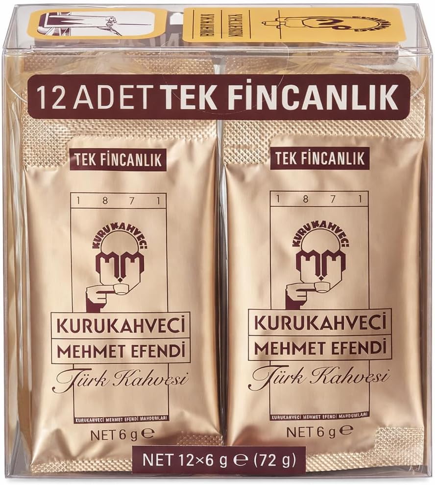 KURUKAHVECI MEHMET EFENDI Turkish Coffee, Single Packages, Roasted Ground,Rich Aroma, Fresh, Medium to Heavy-bodied, Original Taste Since 1871 (0.21 OZ / 6 Gr) Pack of 12