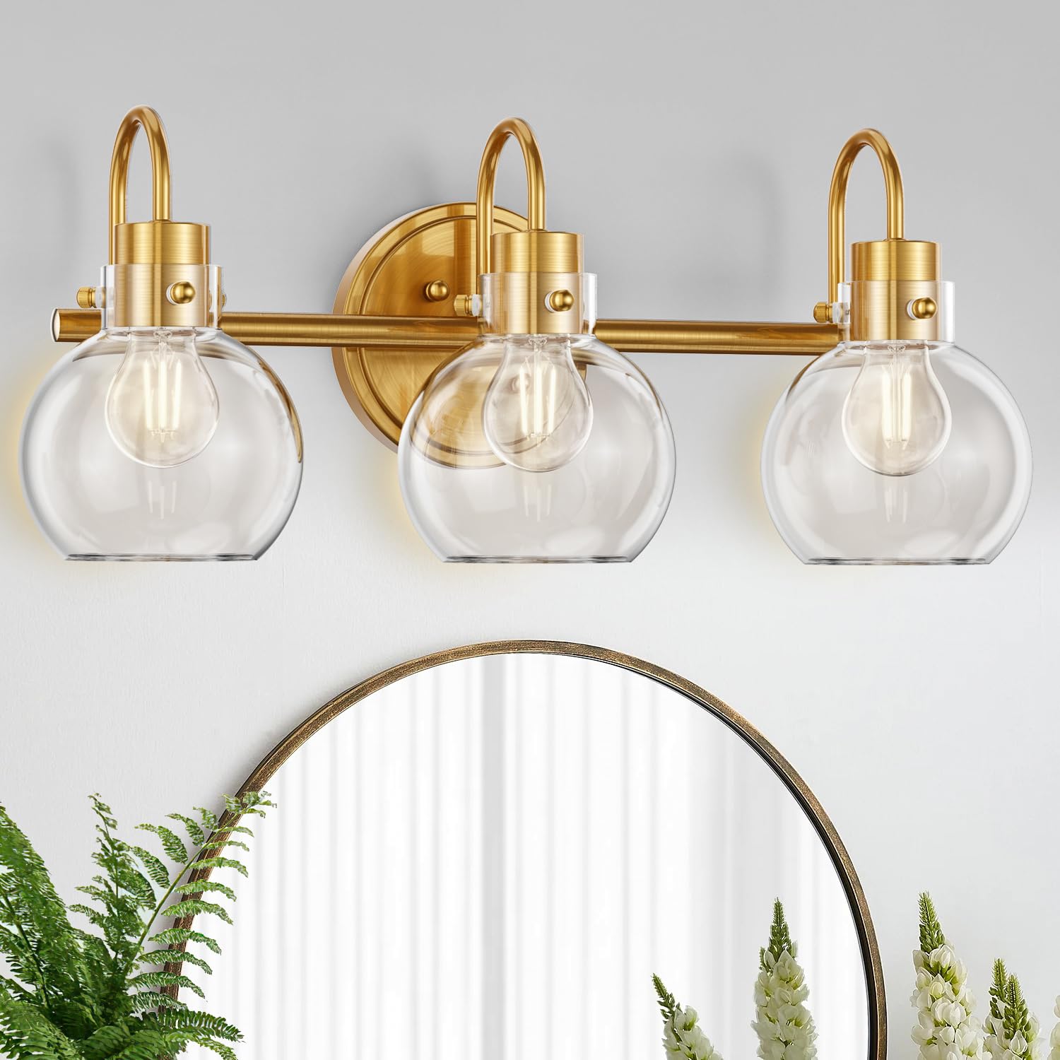 3-Light Vanity Light, Brushed Brass Bathroom Light Fixtures, Farmhouse Wall Sconces with Globe Clear Glass Shade, Porch Wall Mount Lamp for Mirror, Kitchen, Porch, Living Room, Workshop (E26 Base)