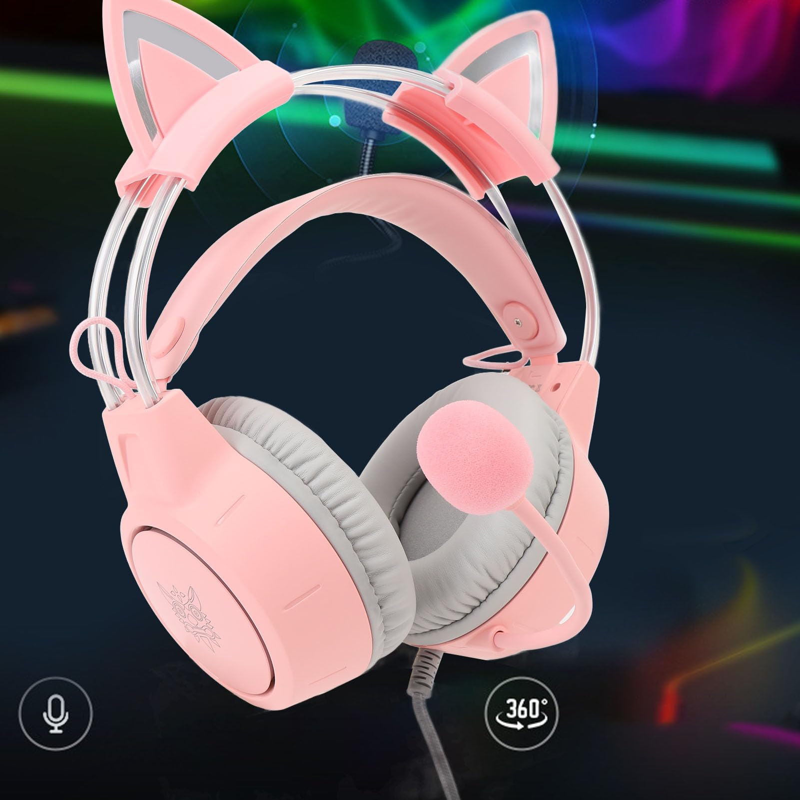 Katzenohr-Kopfhörer, 3,5 Mm Kabelgebundenes RGB-Stereo-PC-Gaming-Headset mit Mikrofon, Regenbogen-RGB-Beleuchtung und Virtuellem Surround-Sound, Leichte Over-Ear-Kopfhörer