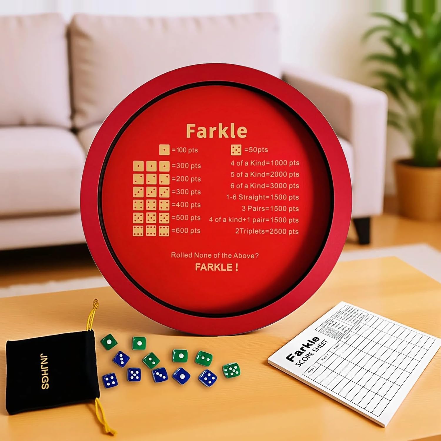 Farkle Dice Tray, Farkle Dice Game with 12" Wooden Dice Tray, 2 Sets of Dice and 50 Sheet Scorepad for The Classic Family Game (Red)