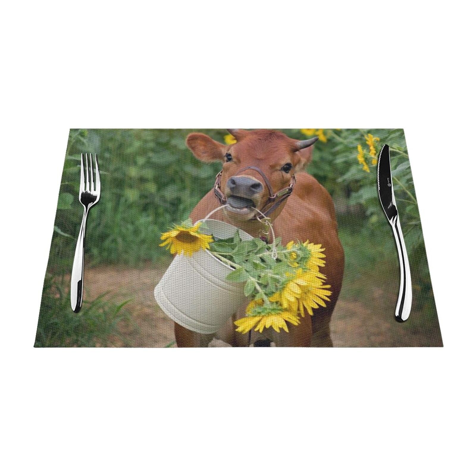 PVC Placemat Set of 6 PCS, 45x30 CM, cow in sunflowers Printed Non-Slip Heat Resistant Place Mats for Kitchen Dining Table Indoor Outdoor