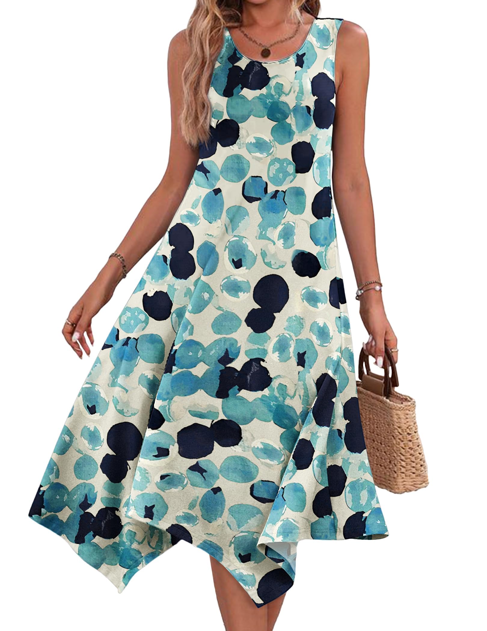 EIRUKON Vestidos Verano Mujer Casual Sin Mangas Cuello Redondo Estampado de Flores Vestido Vacaciones Midi Vestidos con Bolsillos
