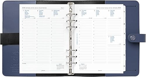Miniatura 7 de Filofax The Original Organizador, tamaño A5, azul medianoche, cuero, seis anillos, calendario semanal para ver, multilingüe, 2024 (C022661-24)