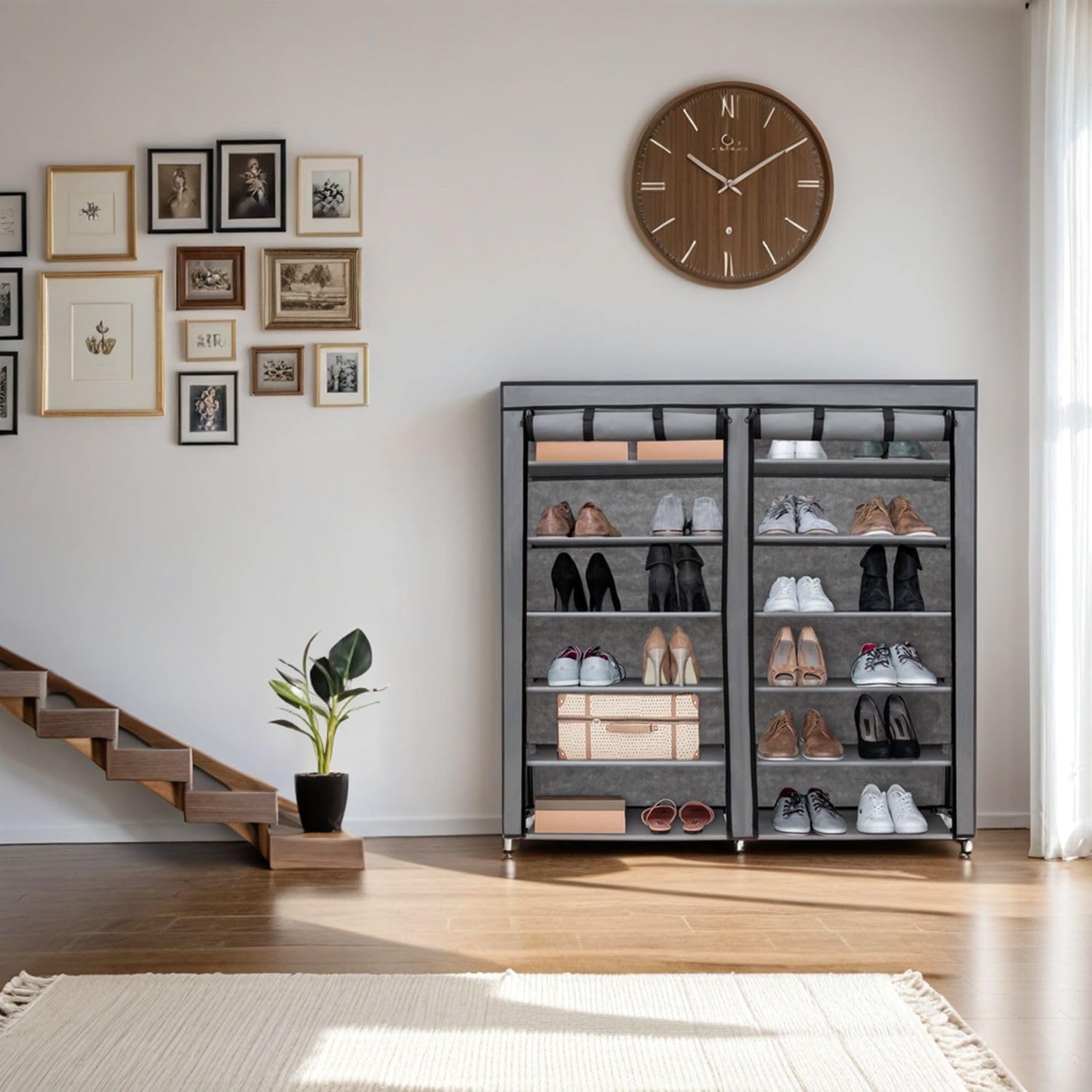 Intirilife Armoire Pliante 120x30x110 cm en Cachet Gris - Fermeture Éclair, Armoire en Tissu, Étagère à Chaussures, 12 Compartiments de Rangement, Camping, Armoire Enfichable