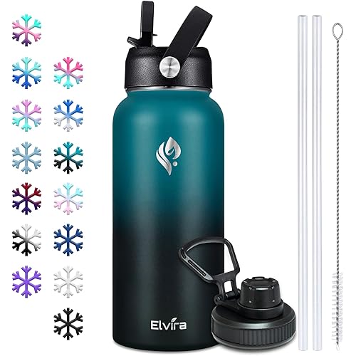 Elvira 32oz Vacuum Insulated Stainless Steel Water Bottle with Straw & Spout Lids, Double Wall Sweat-proof BPA Free to Keep Beverages Cold For 24Hrs or Hot For 12Hrs-Green/Black