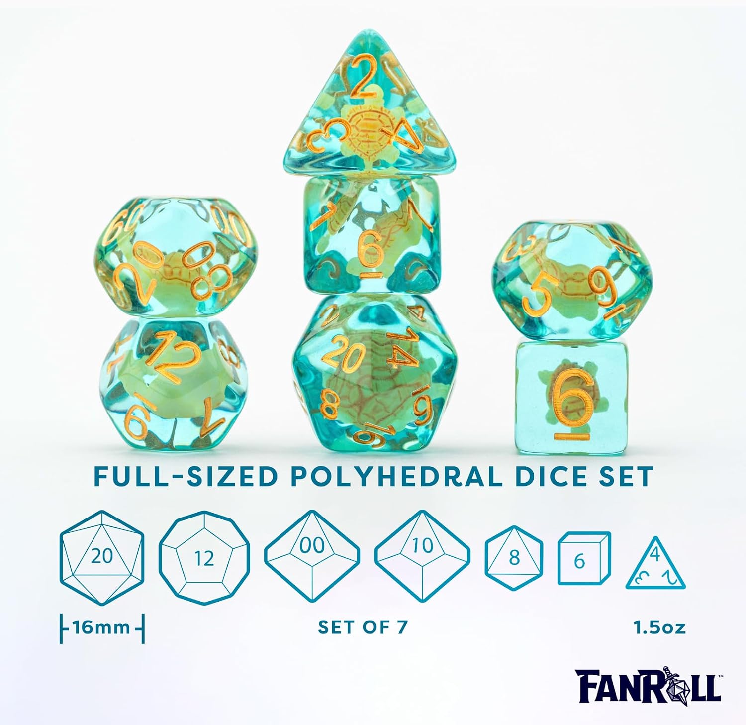 FanRoll 16mm Resin Poly DND Dice Set: Turtle Dice, Role Playing Game Dice for Dungeons and Dragons