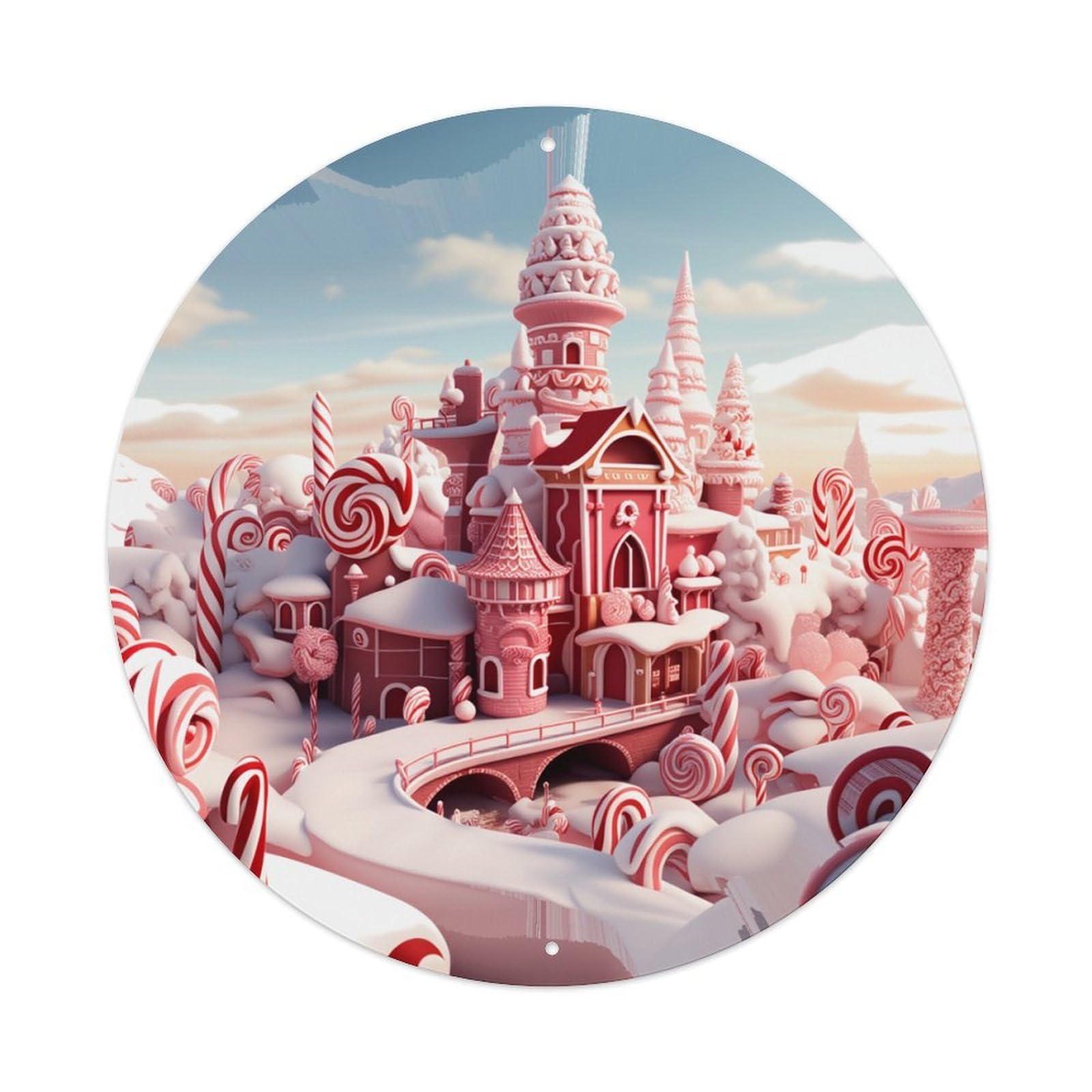 Candy Castle Winter Wonderland Scene Round Tin Sign Retro Metal Sign for Cafe Bar Pub Home Game Room Gym Club Wall Decoration Vintage Metal Poster 8x8 Inch