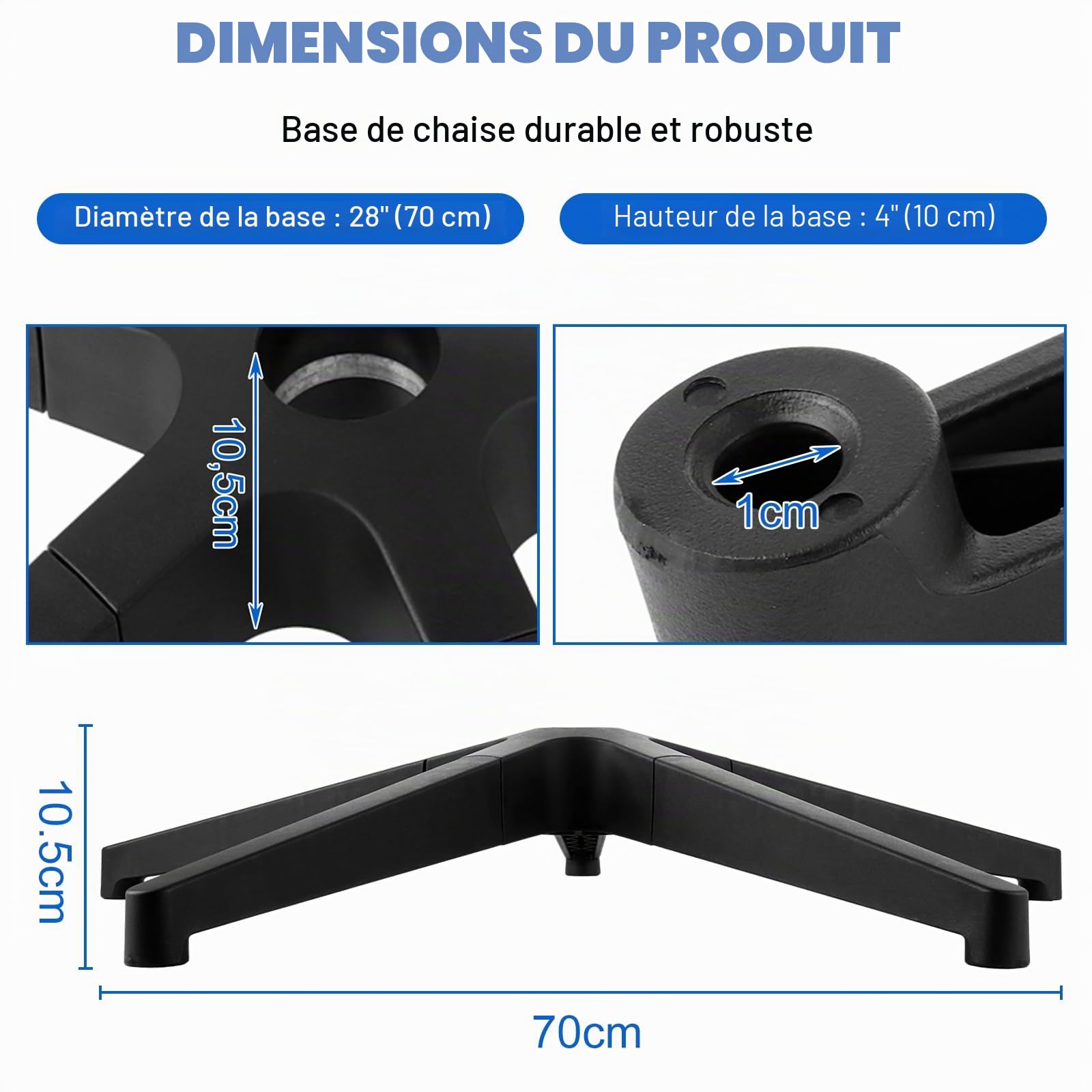 DAJAVE Chaise de bureau en forme de croix de 200 kg, en métal, diamètre 70 cm, universelle, pour roues de 11 mm x 22 mm et ressort à gaz de 50 mm, durable, stable, avec base en métal noir