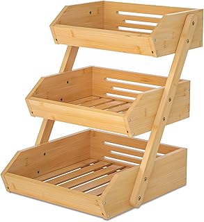 Merysen Large 3 Tier Bamboo Fruit Basket Stand for Kitchen Countertop – Fruit Holder – Suitable for Bread, Vegetables, Produce, Home Storage and Display