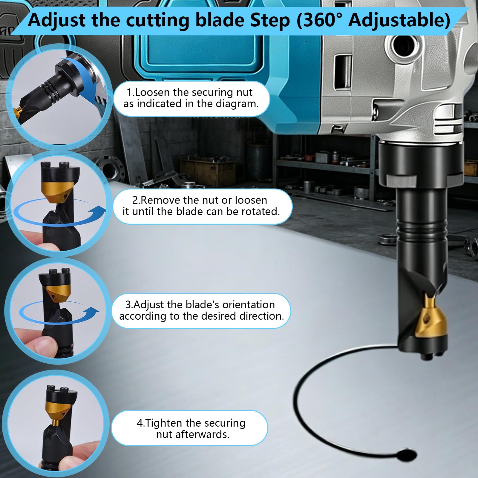 Cortador de Chapa Metalica, 21V 1100W Nibbler Eléctrica con 2 Baterías Cortadora para Acero Inoxidable de 2mm Hierro y Aluminio de 3mm Cabezal de Corte Giratorio de 360°