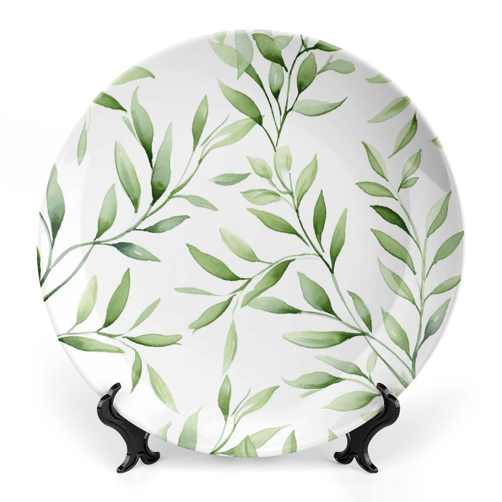 Piatti piani in ceramica con motivo stampato con foglie verdi, piatti decorativi in porcellana Bone China con espositore Ornamenti in ceramica artistica per decorazione da appendere alla parete,