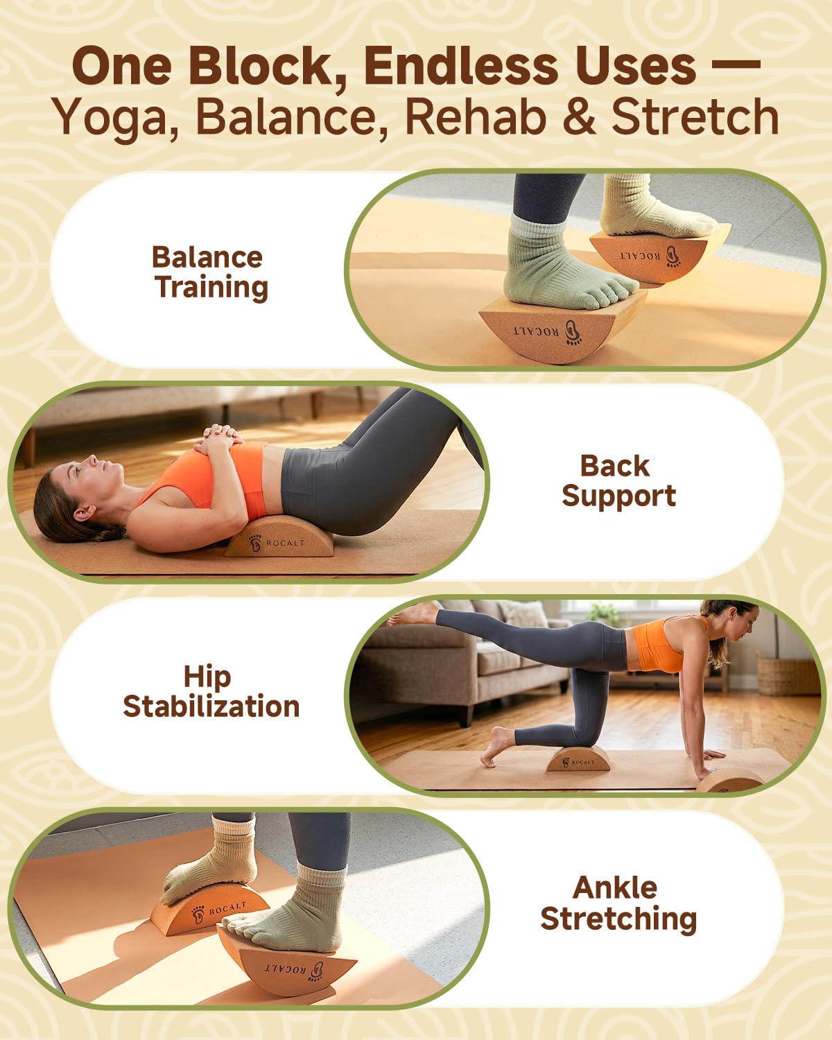 Rocalt Kork-Yoga-Blöcke, Halbmond-Dehnungswerkzeug für Fuß und Wade | Trainings-Guide-Karte, gebogene ergonomische Form, 24,1 x 8,9 x 10,2 cm, für Bögen, Knöchel, Pilates und Reisen
