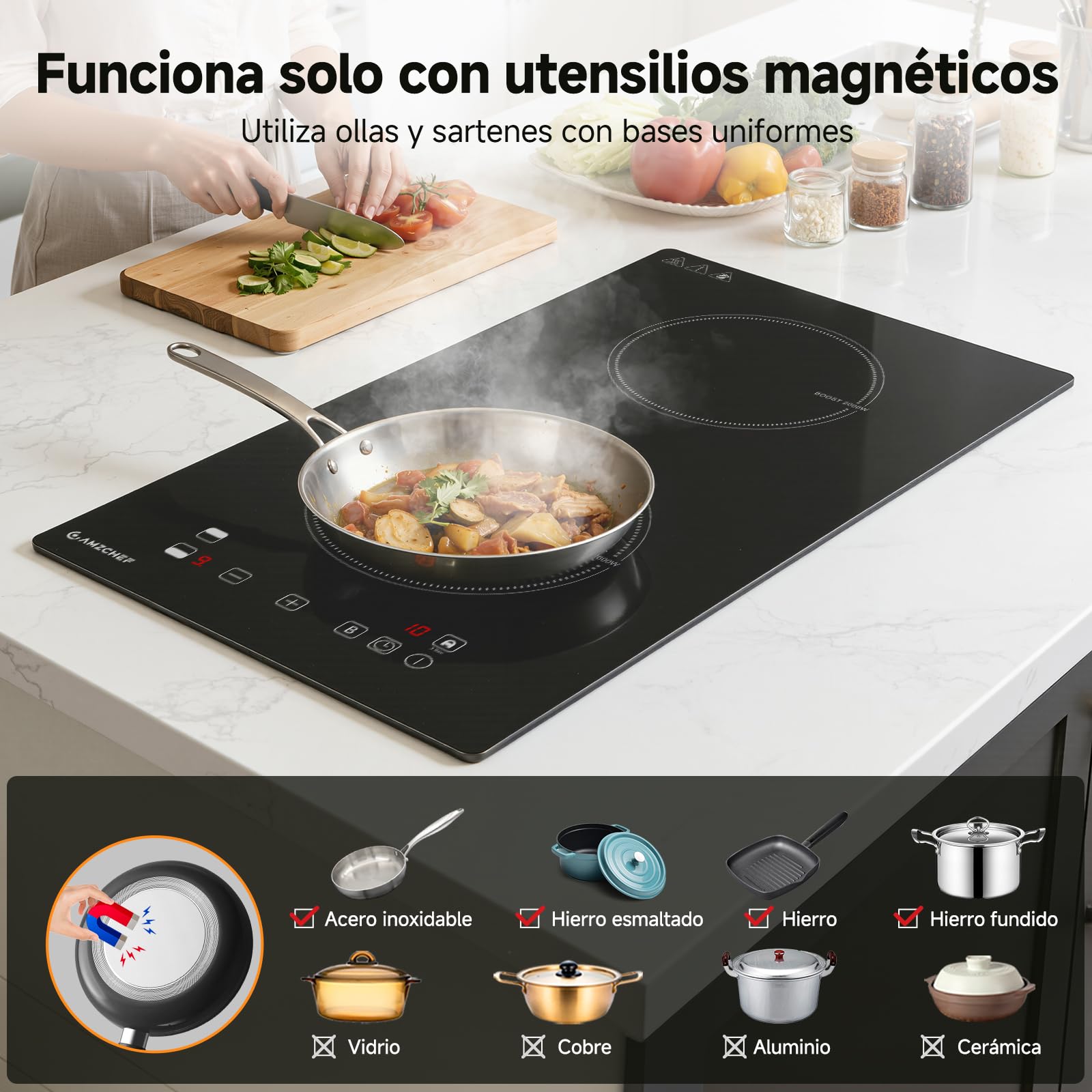 AMZCHEF placa induccion 2 fuegos con calentamiento continuo, 10 niveles de potencia y Boost, bloqueo de seguridad y temporizador, protección contra sobrecalentamiento, empotrable/portátil, 3700W