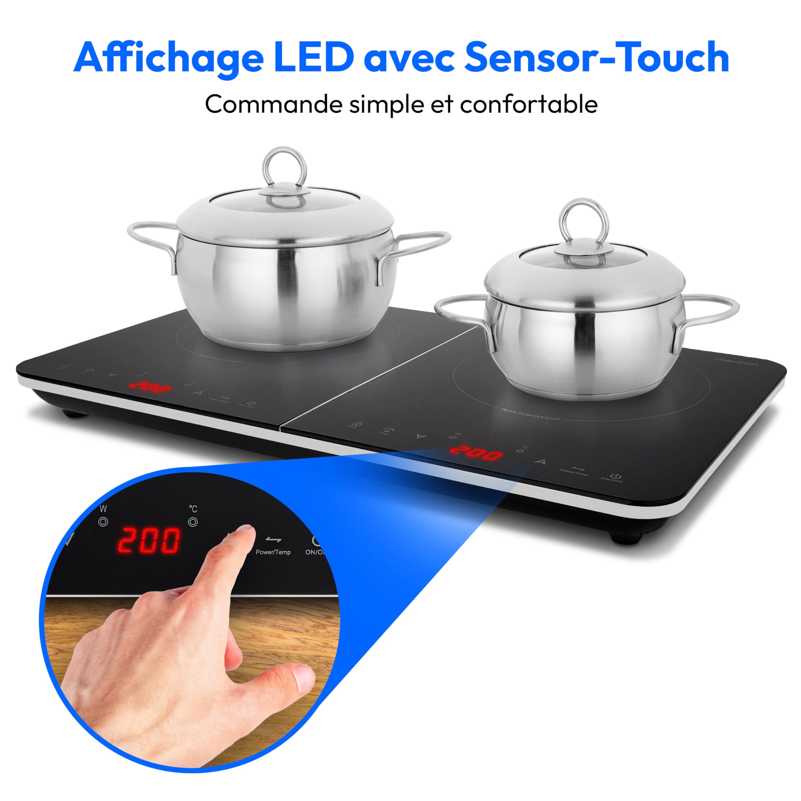 MEDION Plaque induction à 2 foyers 3500 Watt, plaque 2 feux avec 10 niveaux de température, plaque de cuisson double avec écran LED, MD18493, noir