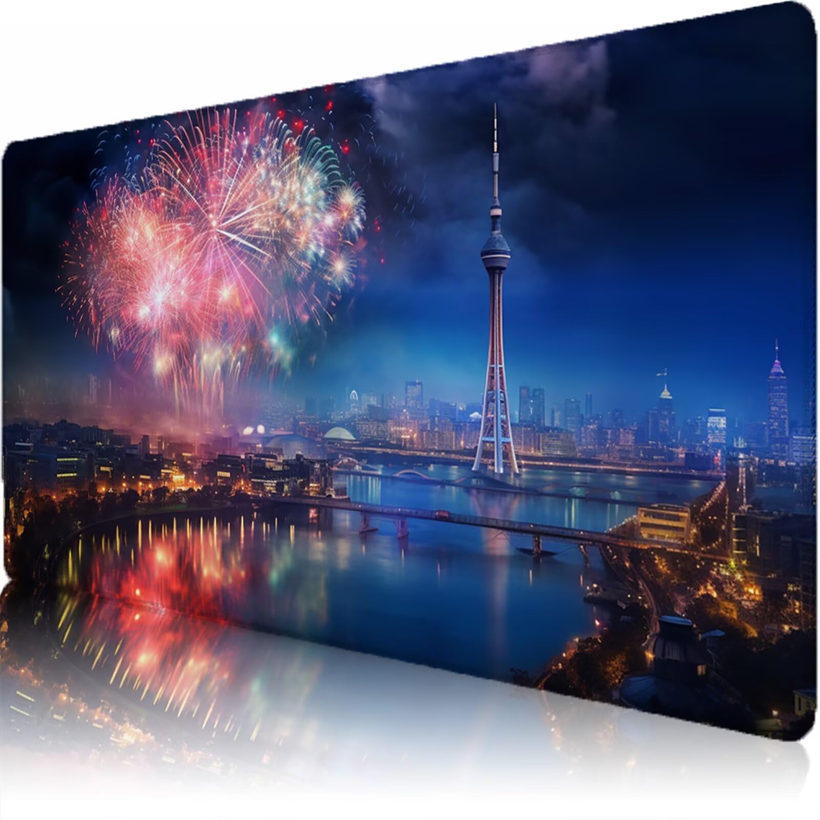 Tappetino Mouse XXL 1200 x 600 x 3 mm, Sottomano Scrivania, Fuochi D'Artificio Grande Tappeto da Tavolo con Base in Gomma Antiscivolo e Bordi Cuciti, per Ufficio/Computer/Gaming (Città) L-x8418