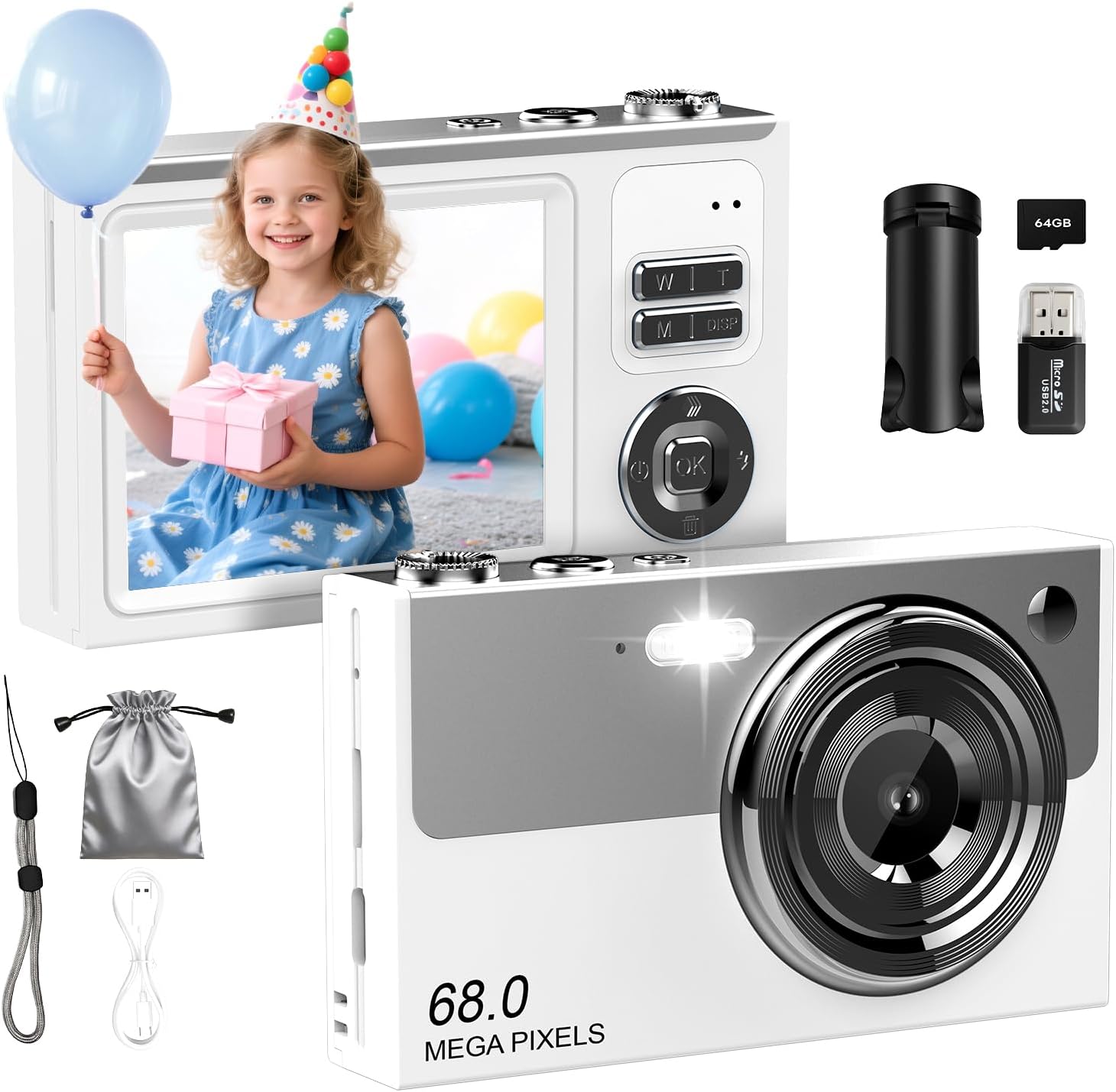 Digital Camera for Kids & Beginners, 4K Digital Camera with 64GB SD Card 16X Zoom Anti-Shake, Compact Point and Shoot Camera with 2.8" Screen, Portable Small Camera for Students, Travel & Gifts White