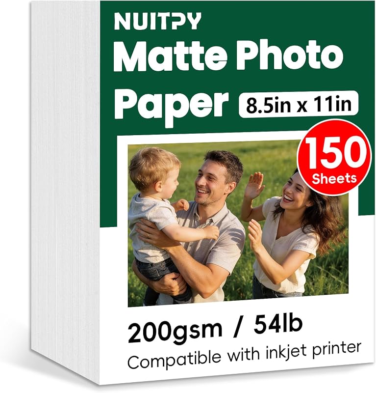 150 Sheets Matte Photo Paper, 8.5in x 11in, 200GSM / 54lb | Inkjet Photo Printer Paper, Picture Paper for Photos, Calendars, Brochures, Cards, Menus